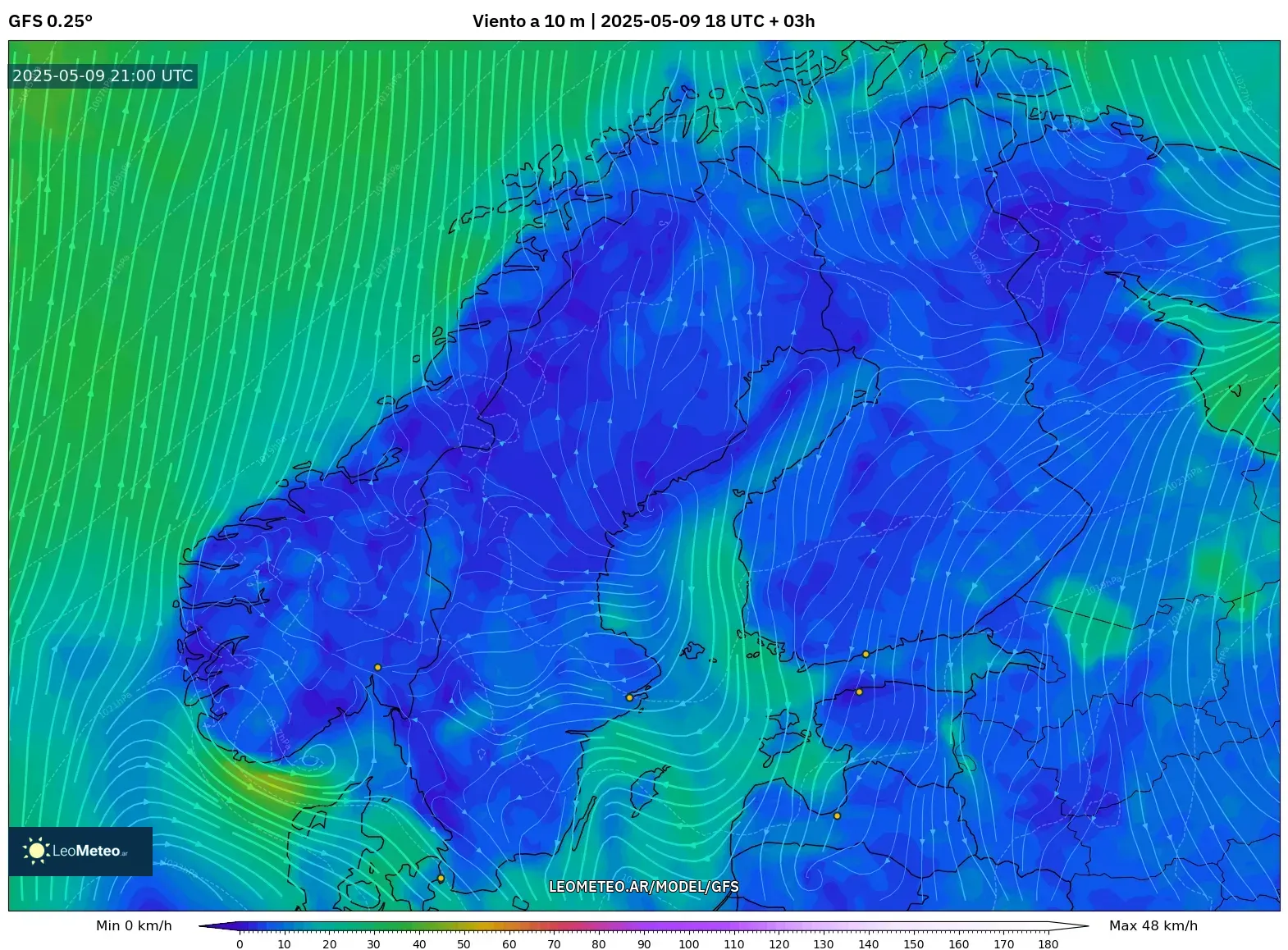 GFS - Escandinavia, Viento a 10 m GFS - Escandinavia, Viento a 10 m