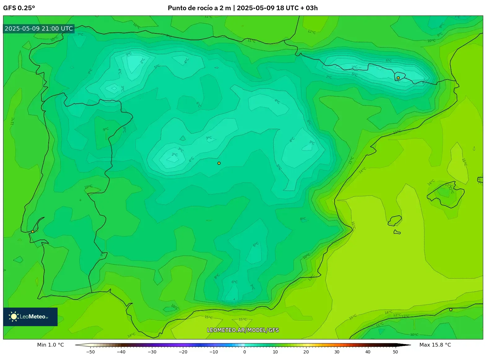 GFS - España, Punto de rocío a 2 m GFS - España, Punto de rocío a 2 m