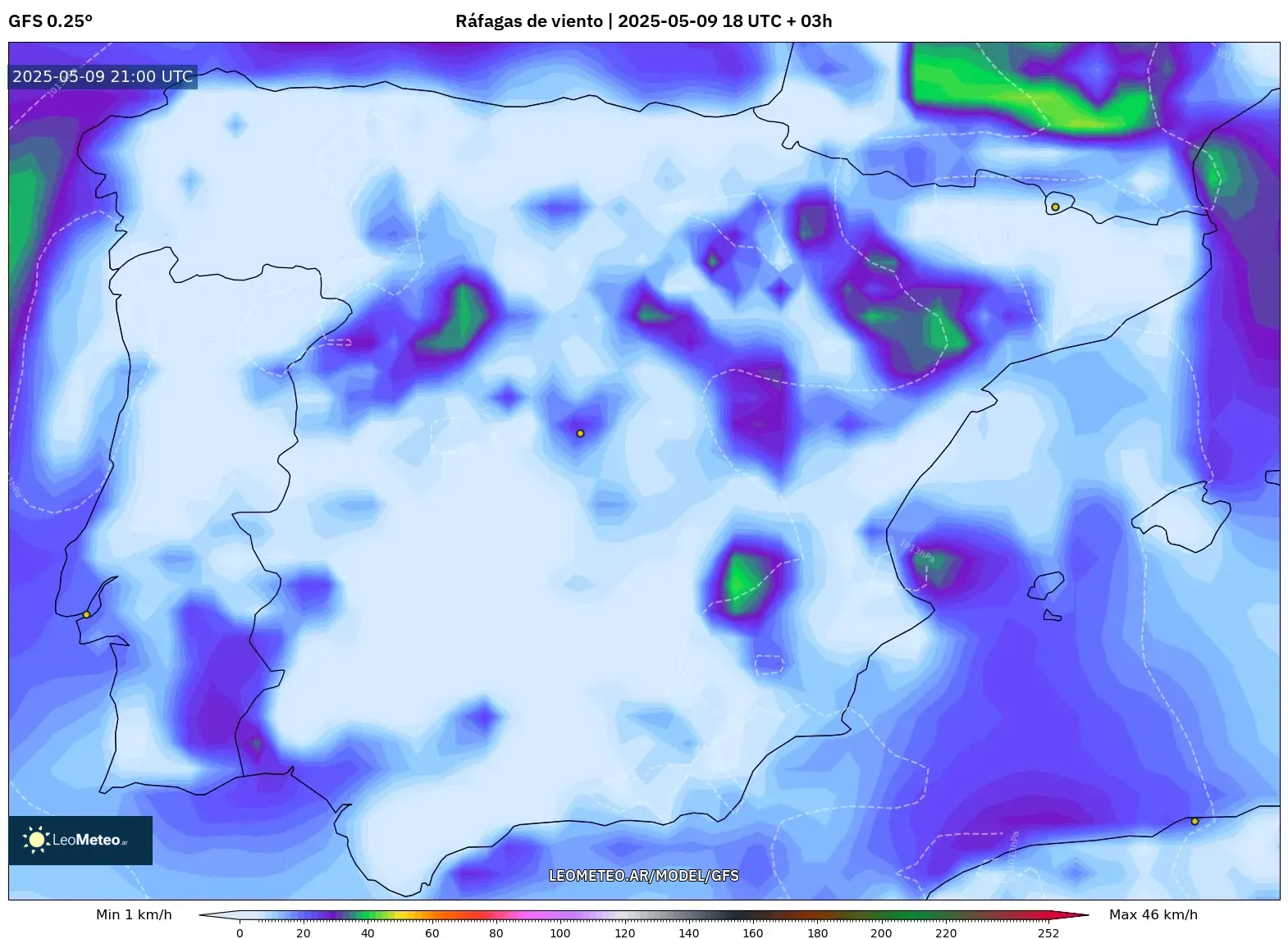 GFS - España, Ráfagas de viento GFS - España, Ráfagas de viento