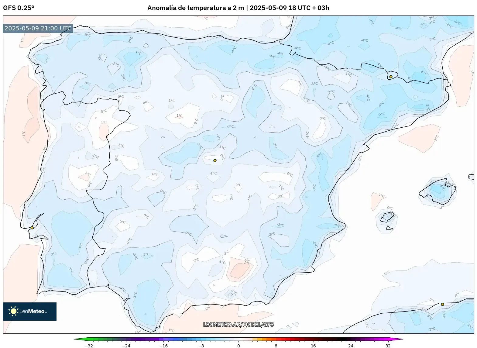 GFS - España, Anomalía de temperatura a 2 m GFS - España, Anomalía de temperatura a 2 m