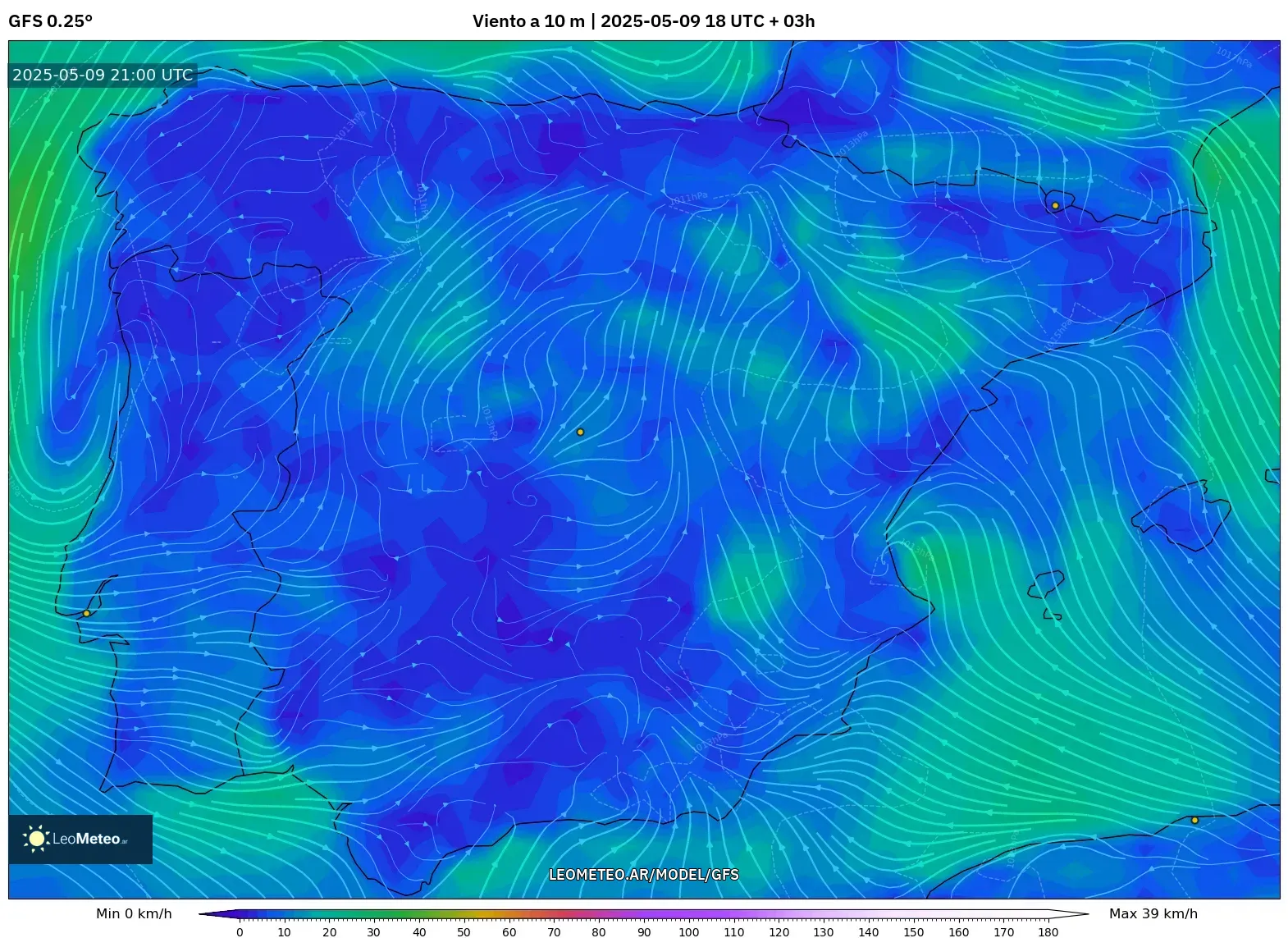 GFS - España, Viento a 10 m GFS - España, Viento a 10 m