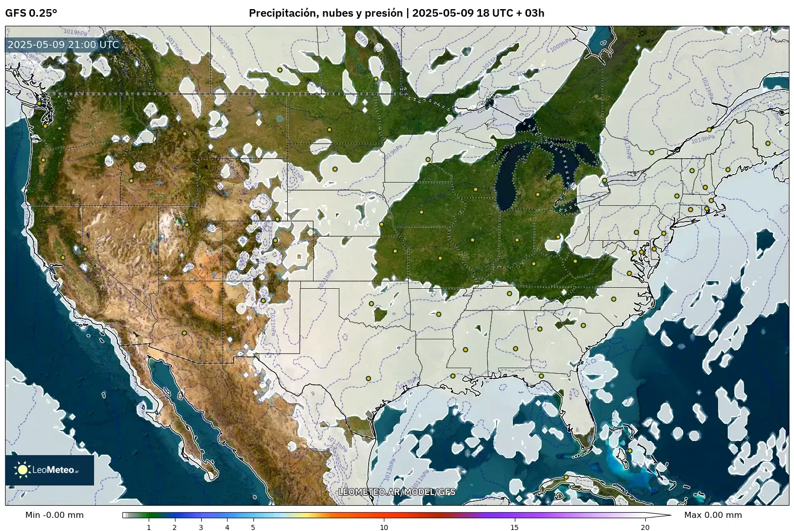 GFS - Estados Unidos, Precipitación, nubes y presión GFS - Estados Unidos, Precipitación, nubes y presión