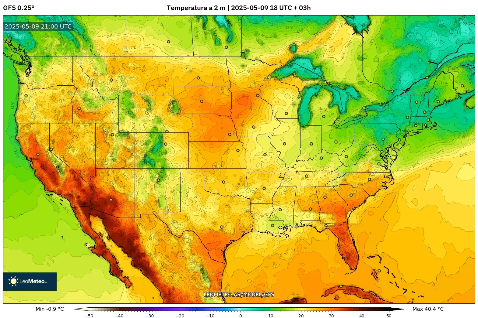 GFS - Estados Unidos, Temperatura a 2 m GFS - Estados Unidos, Temperatura a 2 m