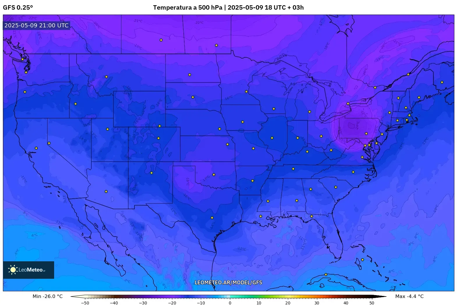 GFS - Estados Unidos, Temperatura a 500 hPa GFS - Estados Unidos, Temperatura a 500 hPa