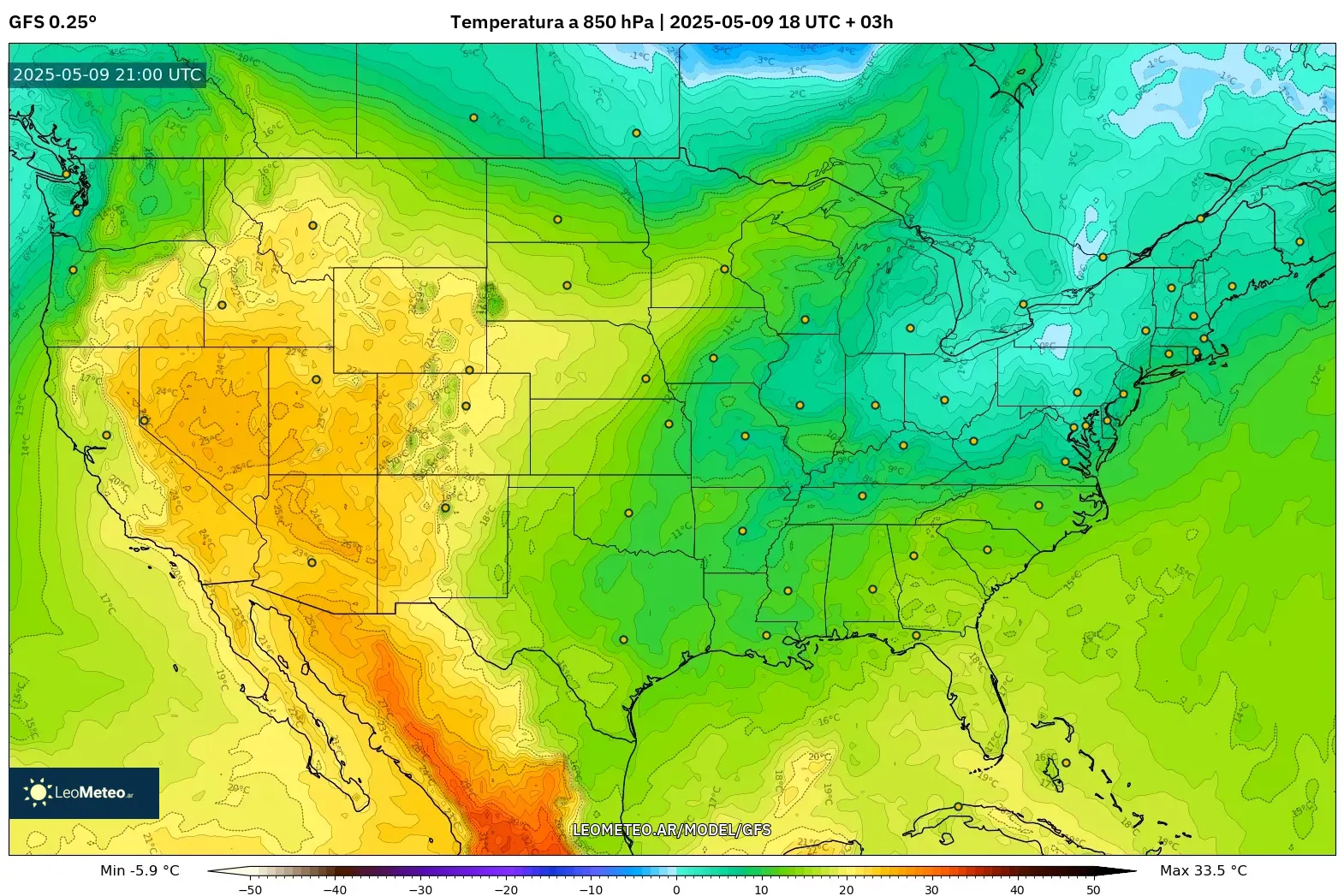 GFS - Estados Unidos, Temperatura a 850 hPa GFS - Estados Unidos, Temperatura a 850 hPa