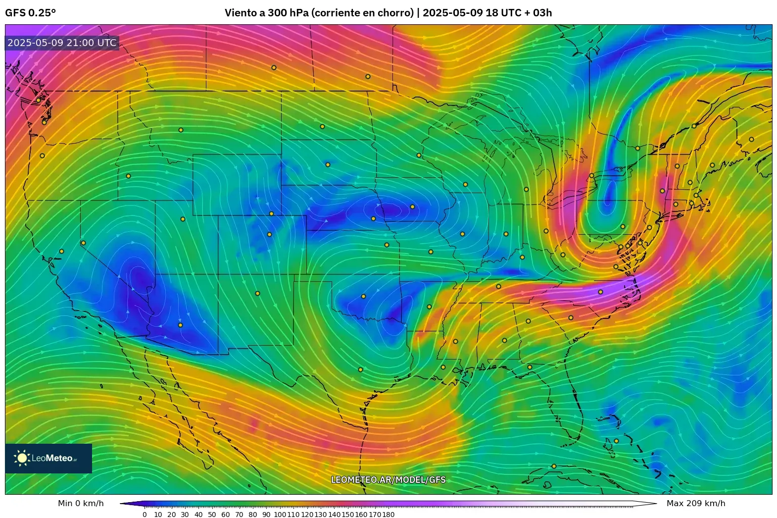 GFS - Estados Unidos, Viento a 300 hPa (corriente en chorro) GFS - Estados Unidos, Viento a 300 hPa (corriente en chorro)
