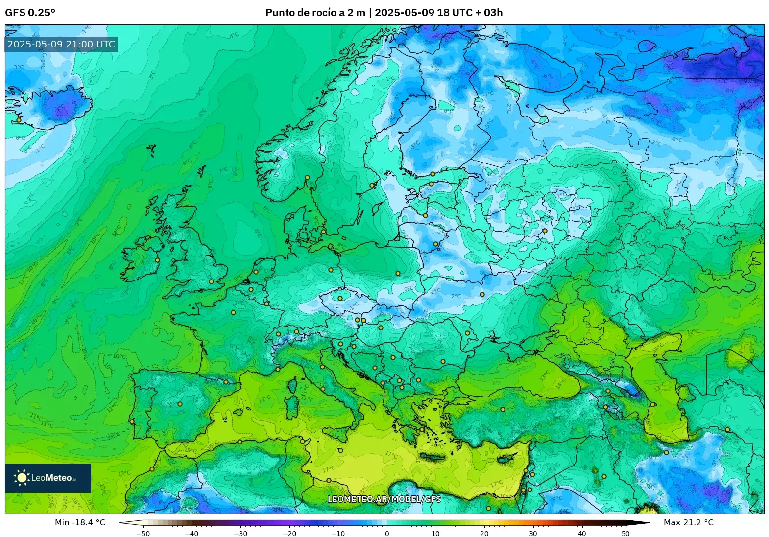 GFS - Europa, Punto de rocío a 2 m