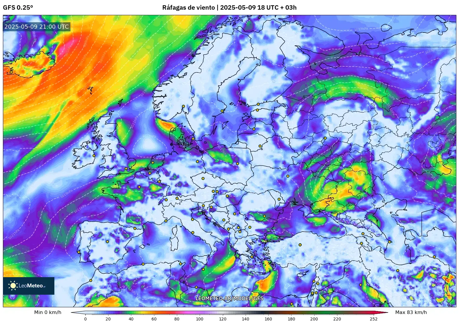 GFS - Europa, Ráfagas de viento
