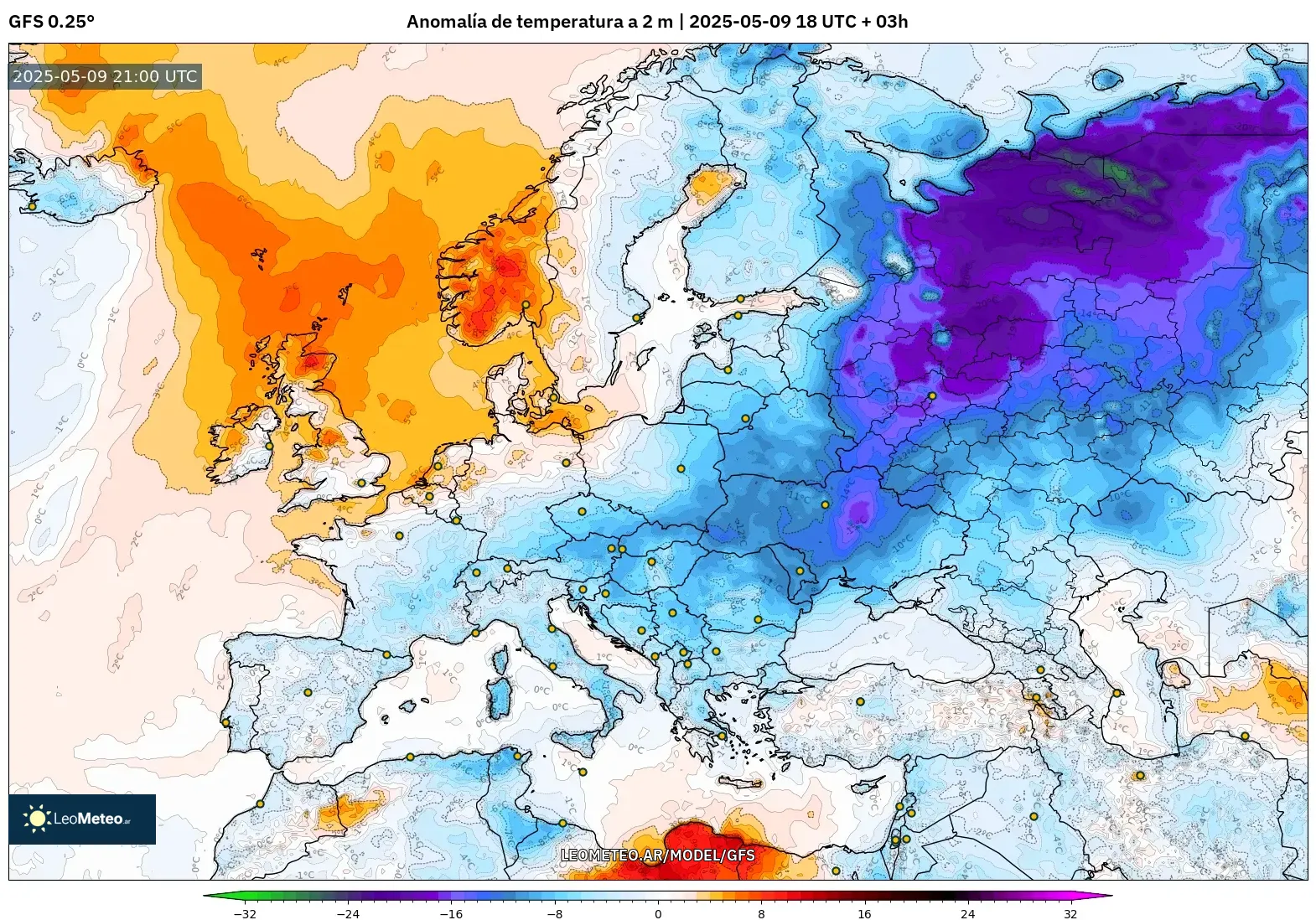 GFS - Europa, Anomalía de temperatura a 2 m