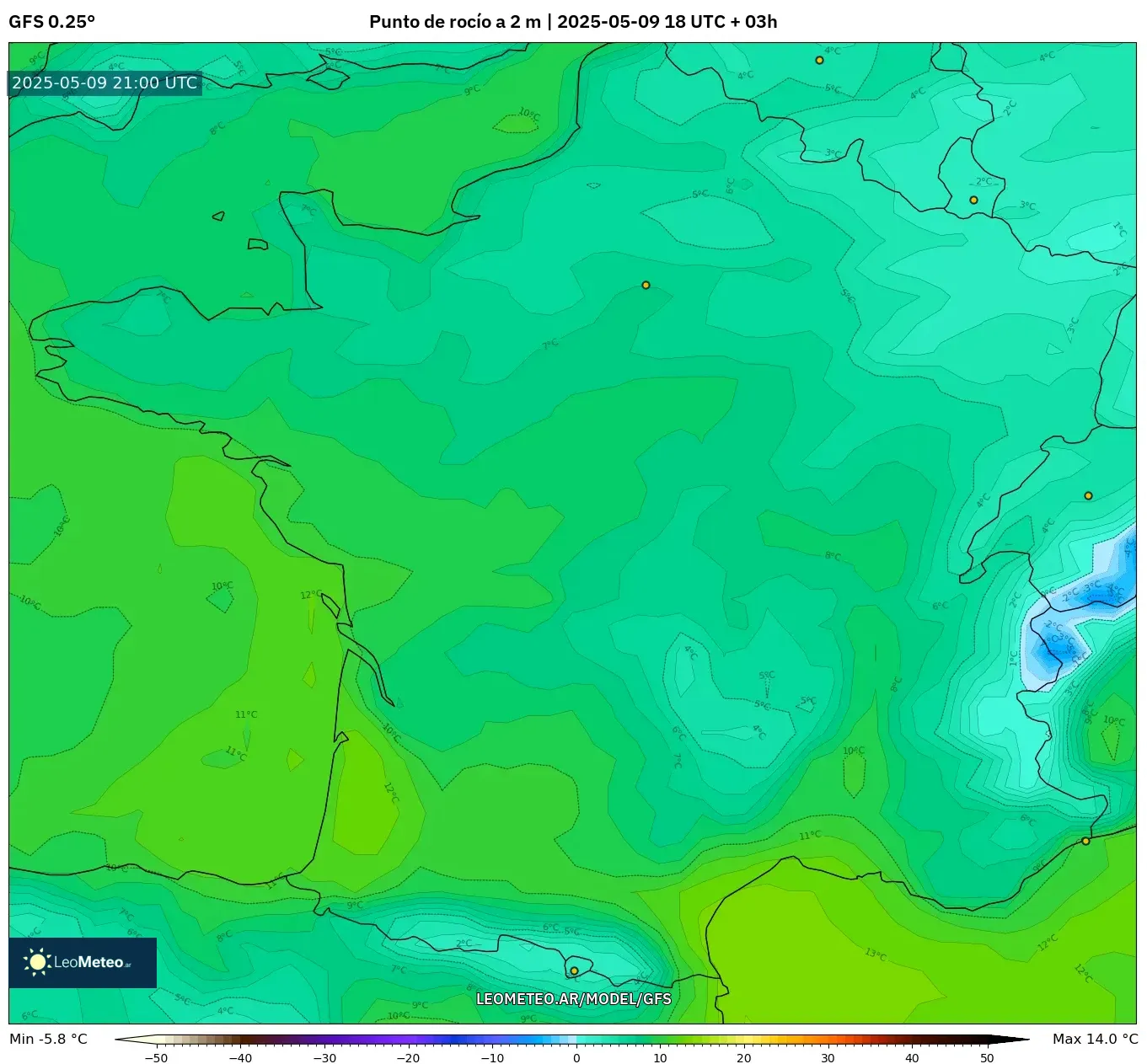 GFS - Francia, Punto de rocío a 2 m GFS - Francia, Punto de rocío a 2 m