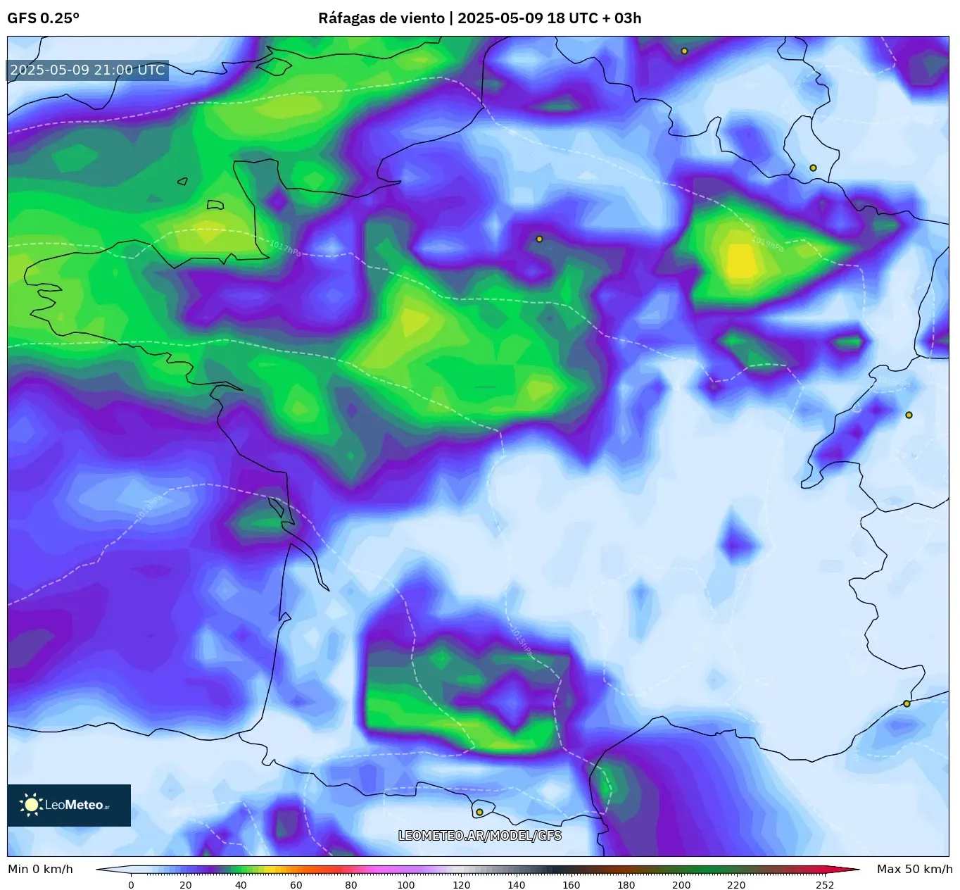 GFS - Francia, Ráfagas de viento GFS - Francia, Ráfagas de viento