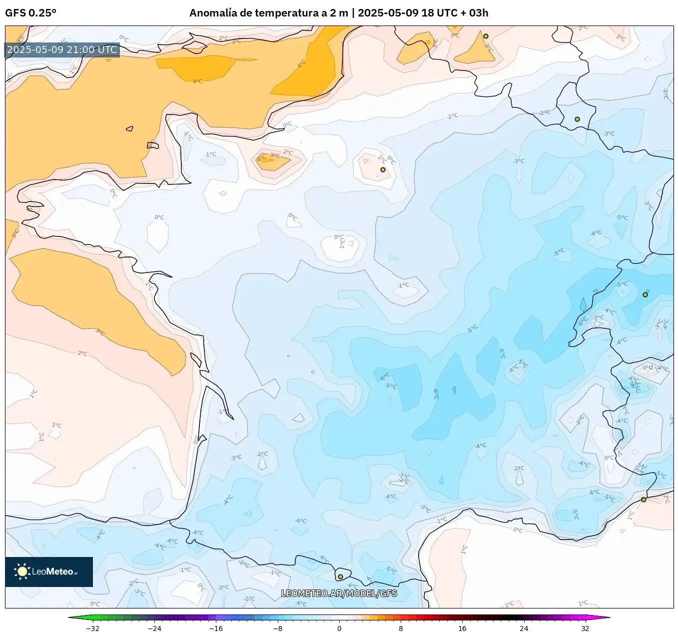 GFS - Francia, Anomalía de temperatura a 2 m GFS - Francia, Anomalía de temperatura a 2 m