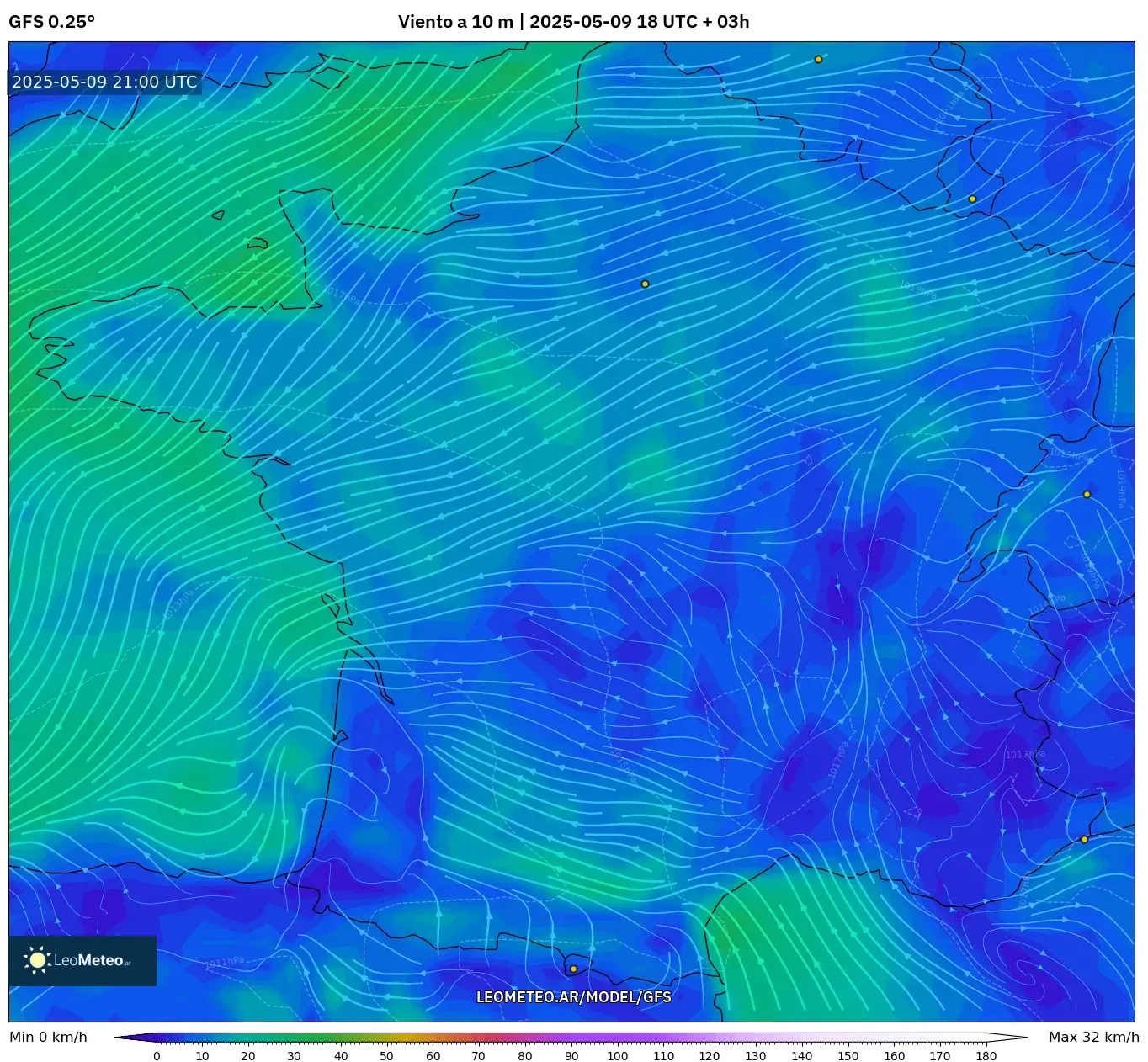 GFS - Francia, Viento a 10 m GFS - Francia, Viento a 10 m