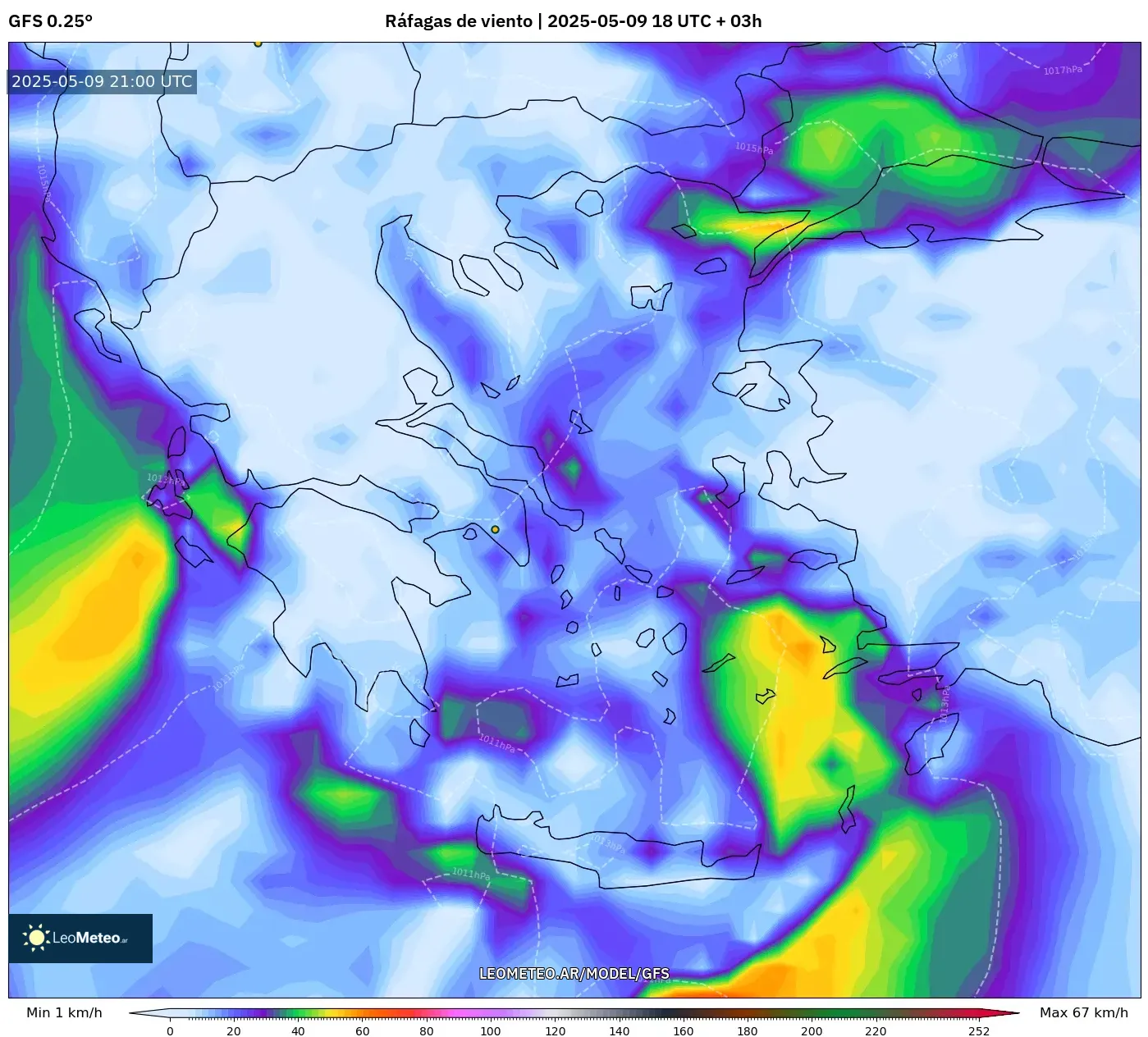 GFS - Grecia, Ráfagas de viento GFS - Grecia, Ráfagas de viento