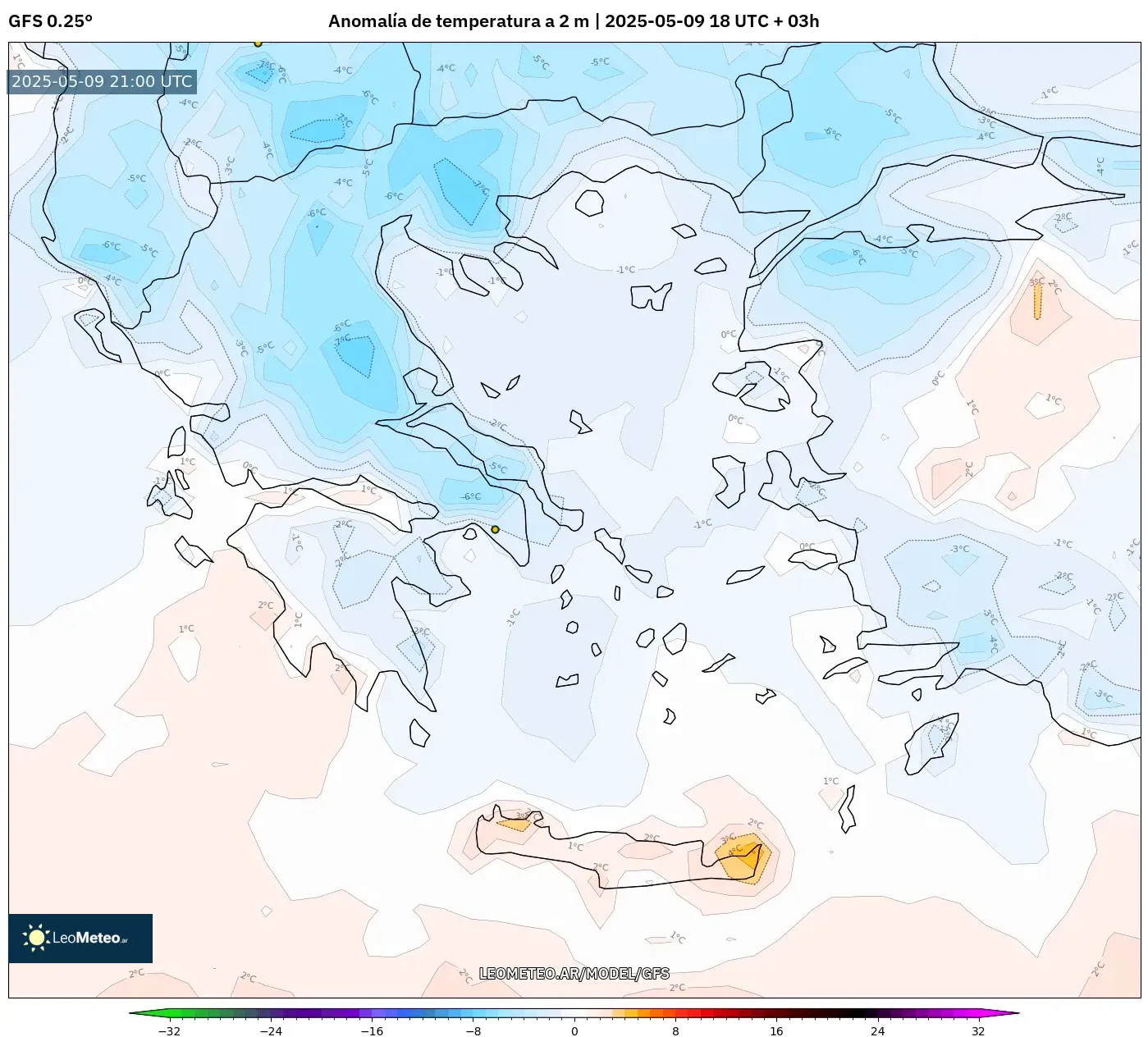 GFS - Grecia, Anomalía de temperatura a 2 m GFS - Grecia, Anomalía de temperatura a 2 m