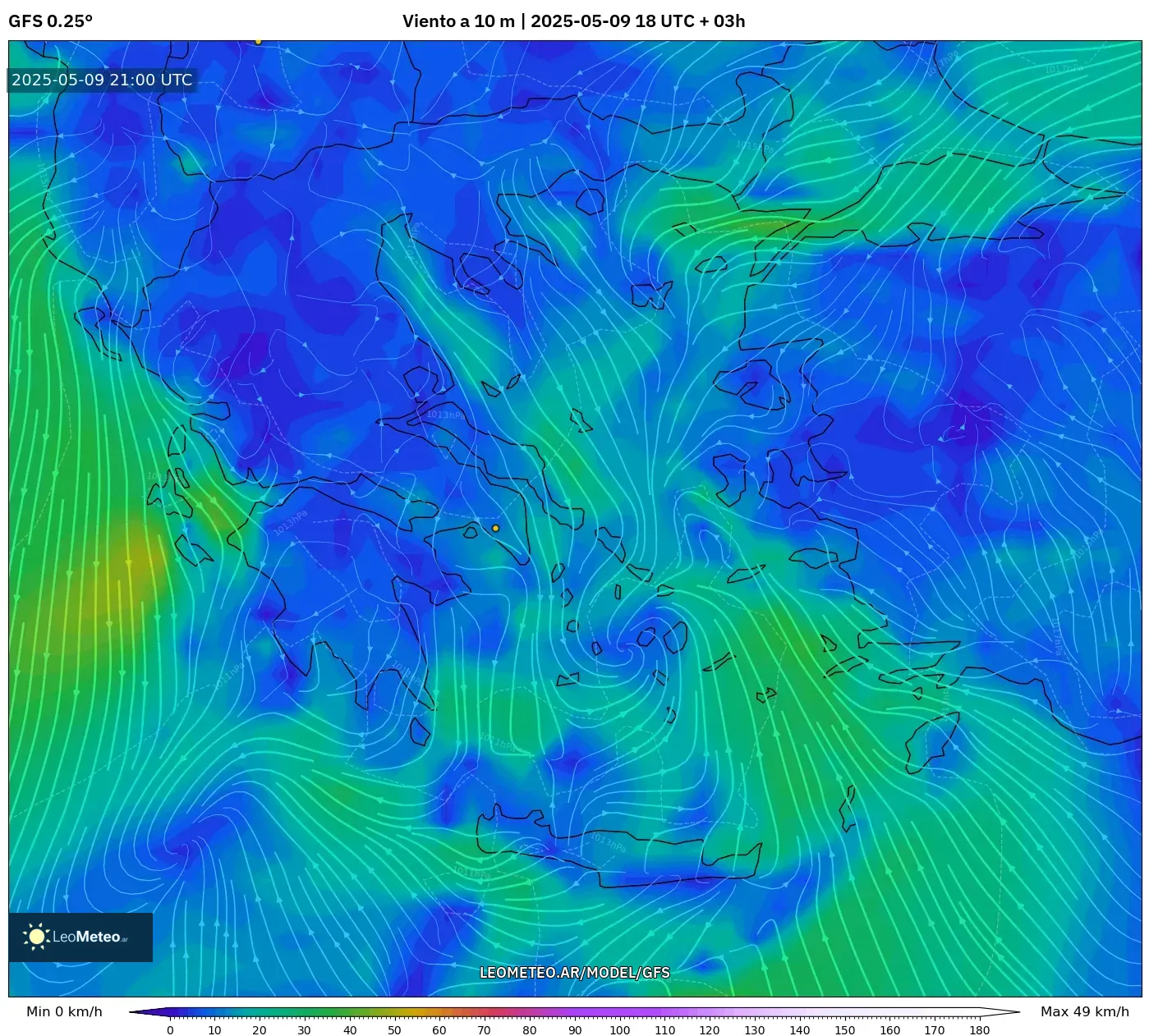 GFS - Grecia, Viento a 10 m GFS - Grecia, Viento a 10 m