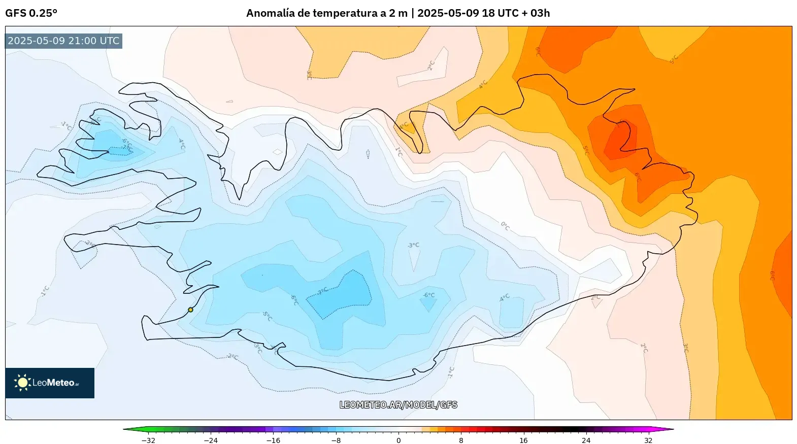 GFS - Islandia, Anomalía de temperatura a 2 m GFS - Islandia, Anomalía de temperatura a 2 m
