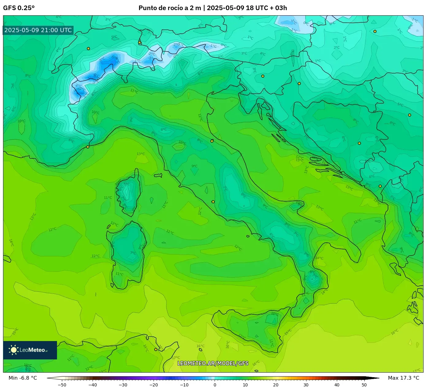 GFS - Italia, Punto de rocío a 2 m GFS - Italia, Punto de rocío a 2 m