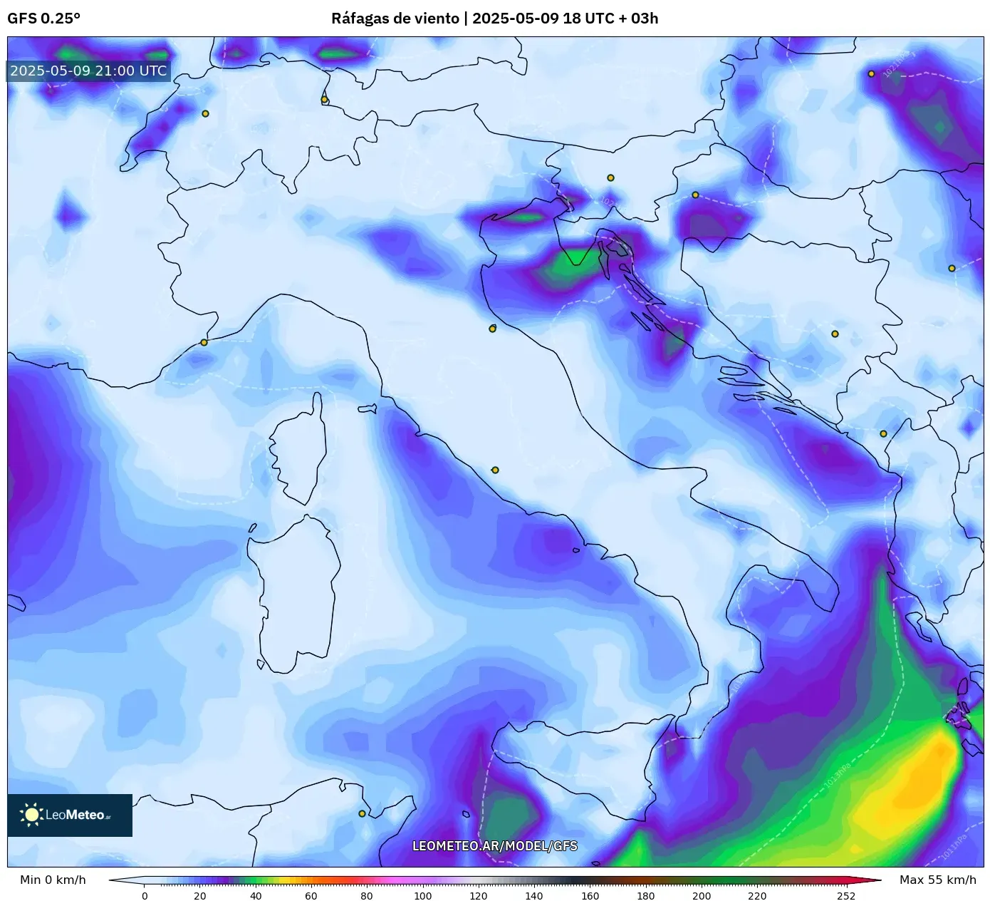 GFS - Italia, Ráfagas de viento GFS - Italia, Ráfagas de viento