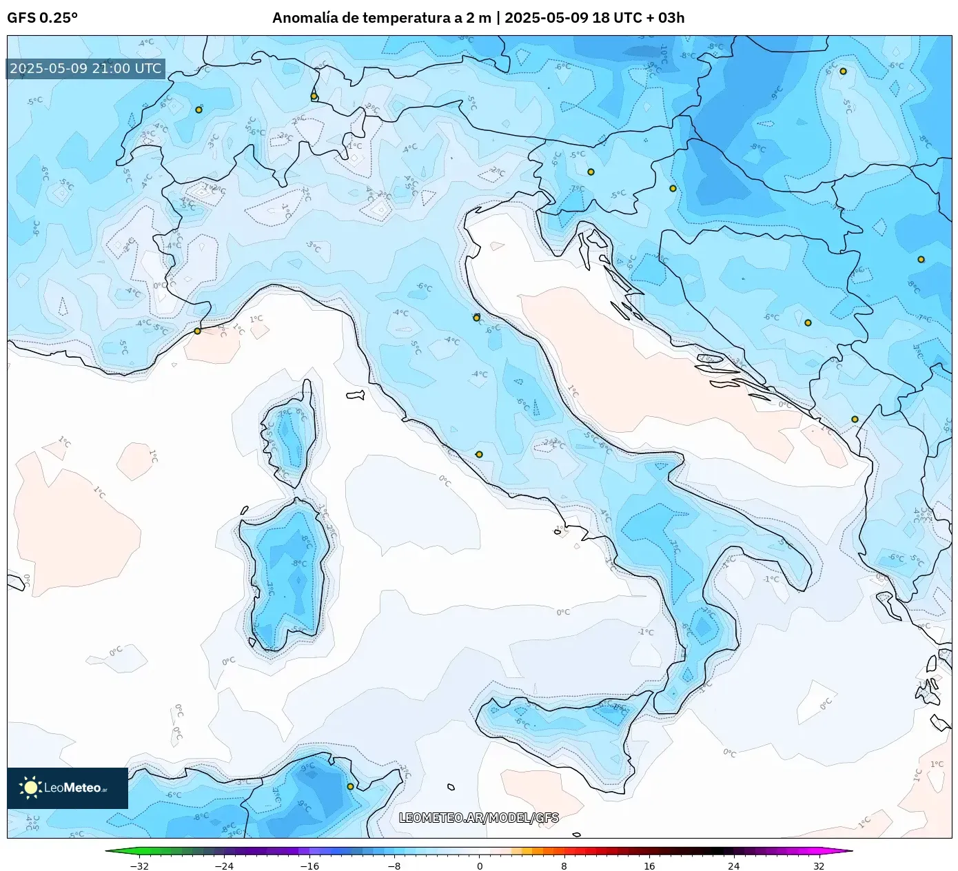 GFS - Italia, Anomalía de temperatura a 2 m GFS - Italia, Anomalía de temperatura a 2 m