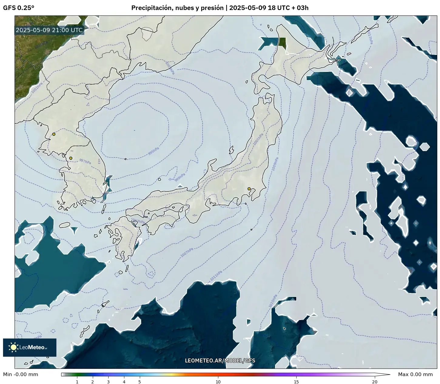 GFS - Japón, Precipitación, nubes y presión GFS - Japón, Precipitación, nubes y presión