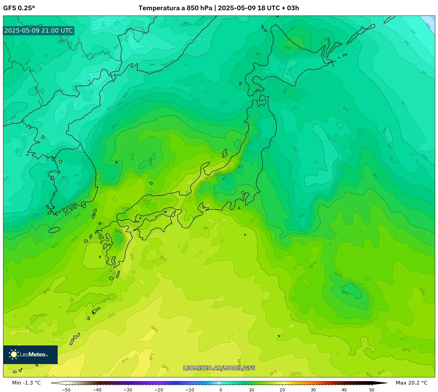 GFS - Japón, Temperatura a 850 hPa GFS - Japón, Temperatura a 850 hPa