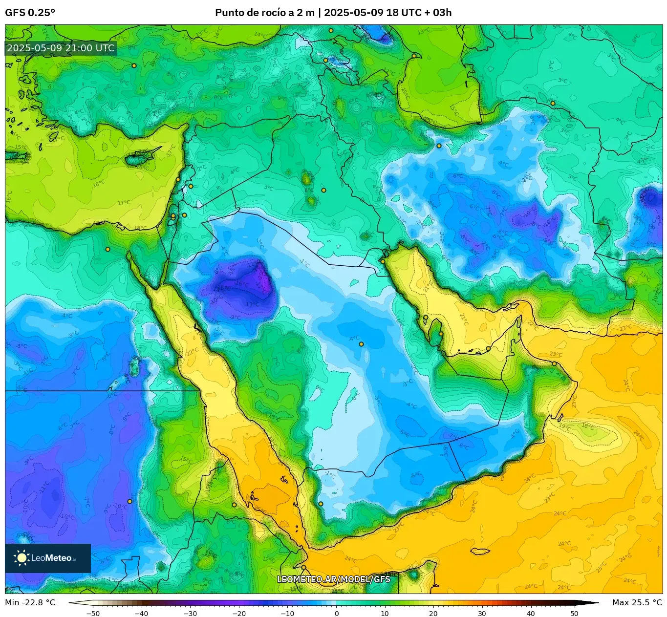 GFS - Oriente Medio, Punto de rocío a 2 m GFS - Oriente Medio, Punto de rocío a 2 m