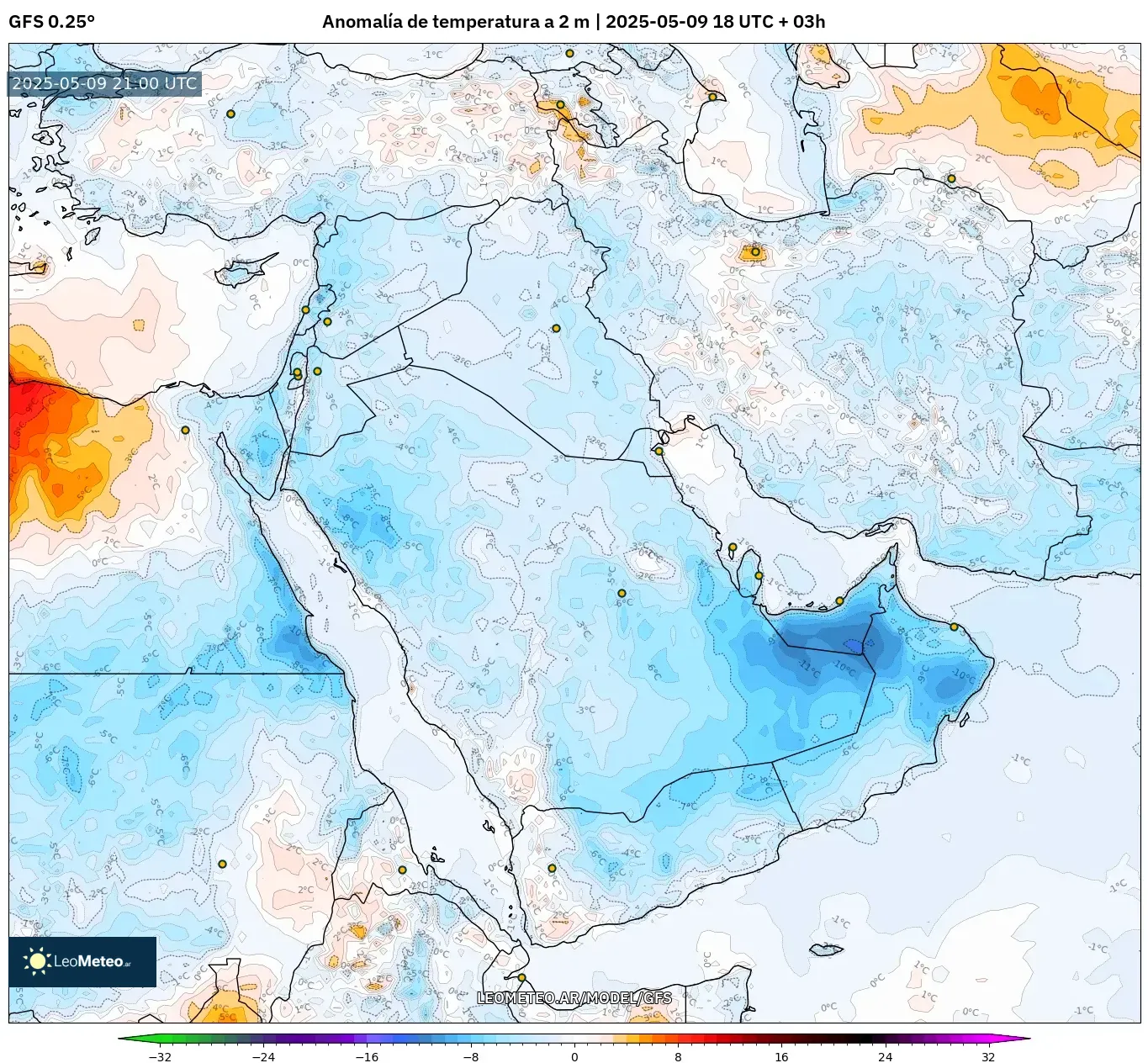 GFS - Oriente Medio, Anomalía de temperatura a 2 m GFS - Oriente Medio, Anomalía de temperatura a 2 m