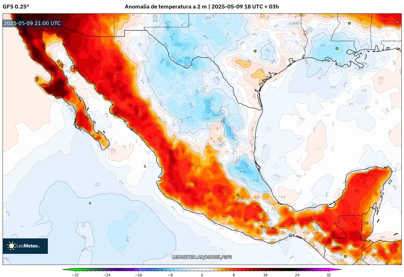 GFS - México, Anomalía de temperatura a 2 m GFS - México, Anomalía de temperatura a 2 m