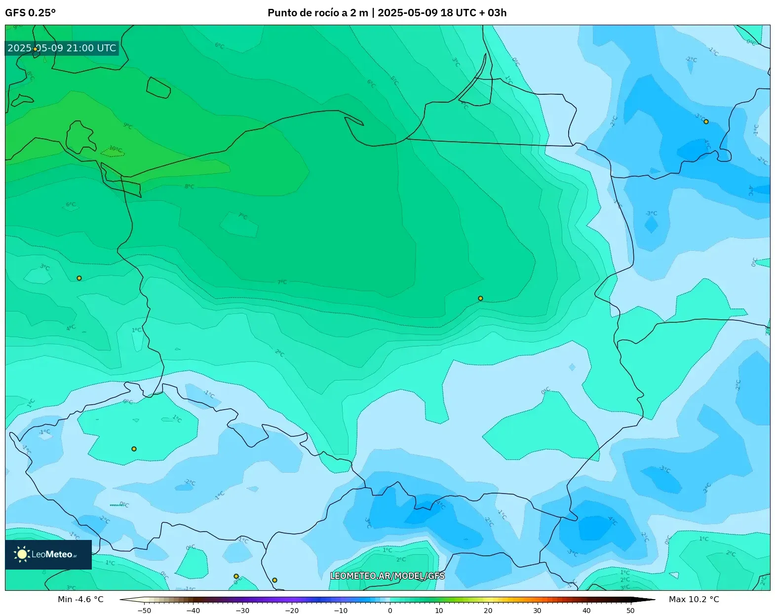 GFS - Polonia, Punto de rocío a 2 m GFS - Polonia, Punto de rocío a 2 m