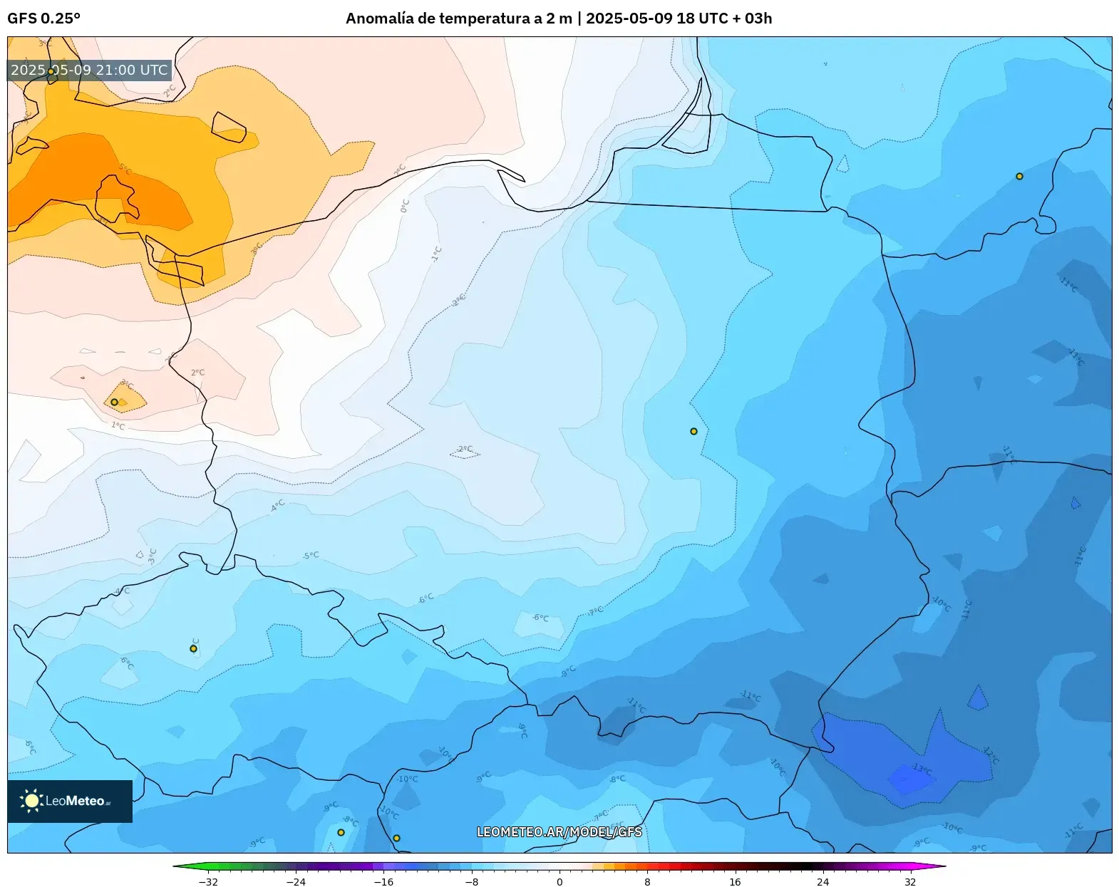 GFS - Polonia, Anomalía de temperatura a 2 m GFS - Polonia, Anomalía de temperatura a 2 m