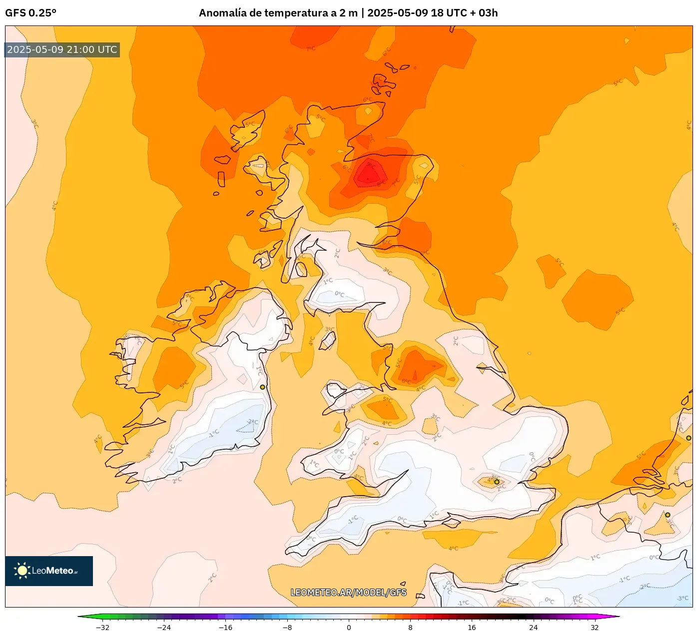 GFS - Reino Unido, Anomalía de temperatura a 2 m GFS - Reino Unido, Anomalía de temperatura a 2 m