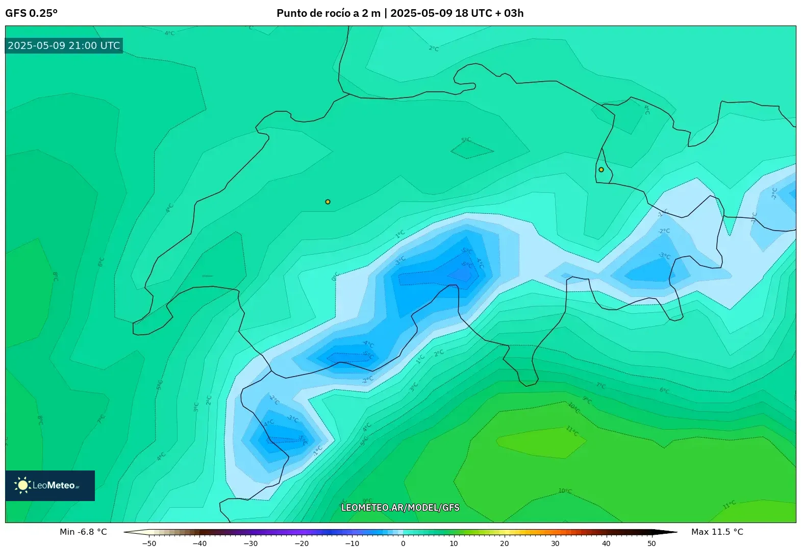 GFS - Suiza, Punto de rocío a 2 m GFS - Suiza, Punto de rocío a 2 m