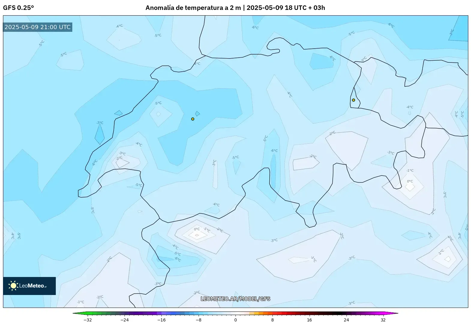 GFS - Suiza, Anomalía de temperatura a 2 m GFS - Suiza, Anomalía de temperatura a 2 m