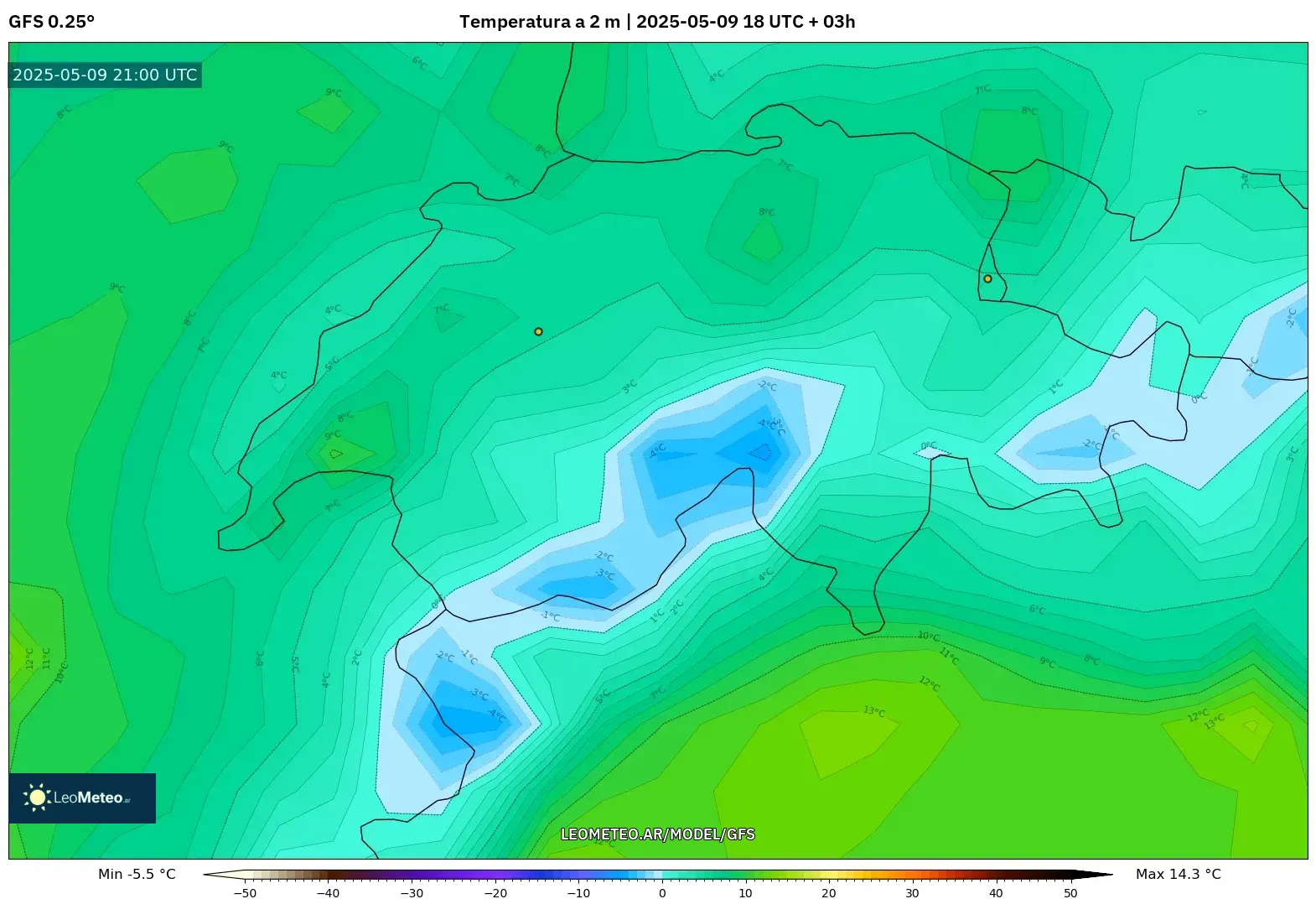 GFS - Suiza, Temperatura a 2 m GFS - Suiza, Temperatura a 2 m