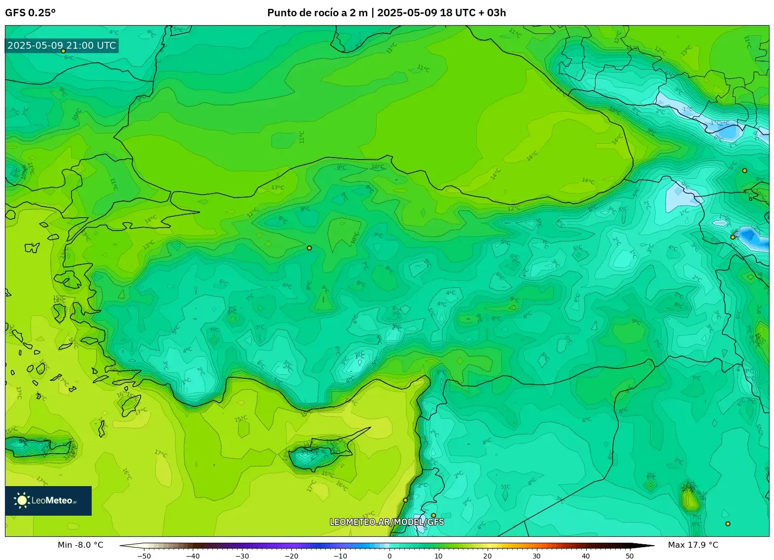 GFS - Turquía, Punto de rocío a 2 m GFS - Turquía, Punto de rocío a 2 m