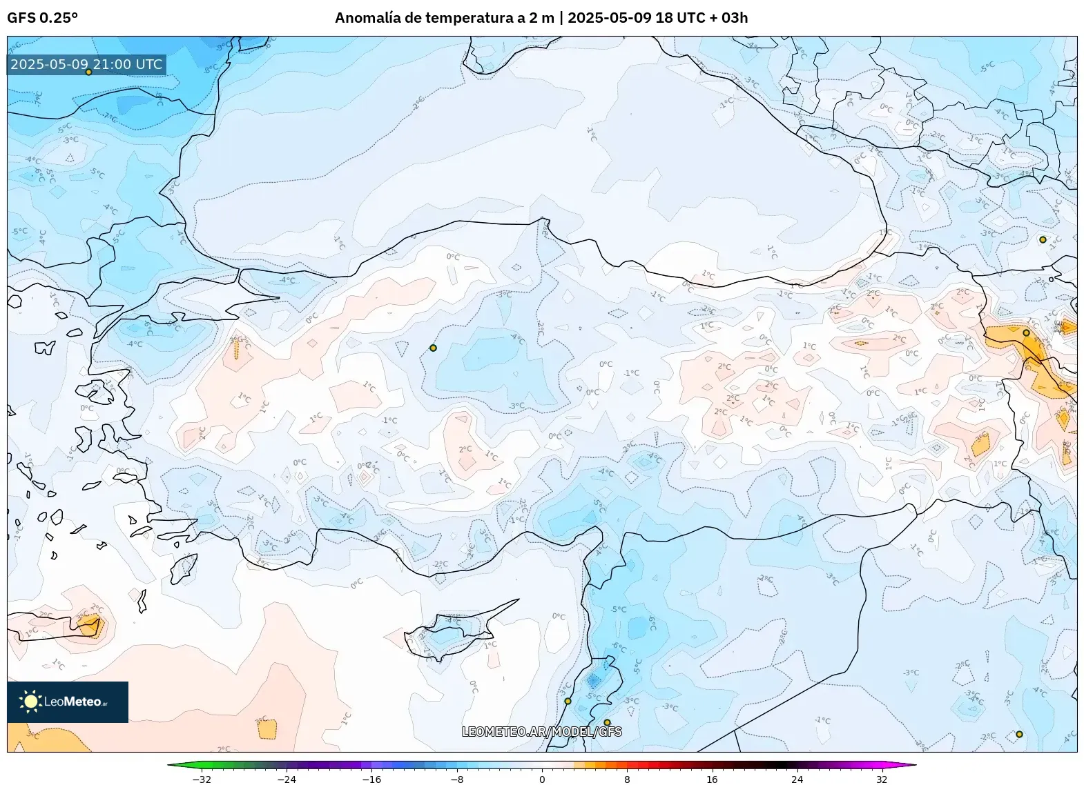 GFS - Turquía, Anomalía de temperatura a 2 m GFS - Turquía, Anomalía de temperatura a 2 m