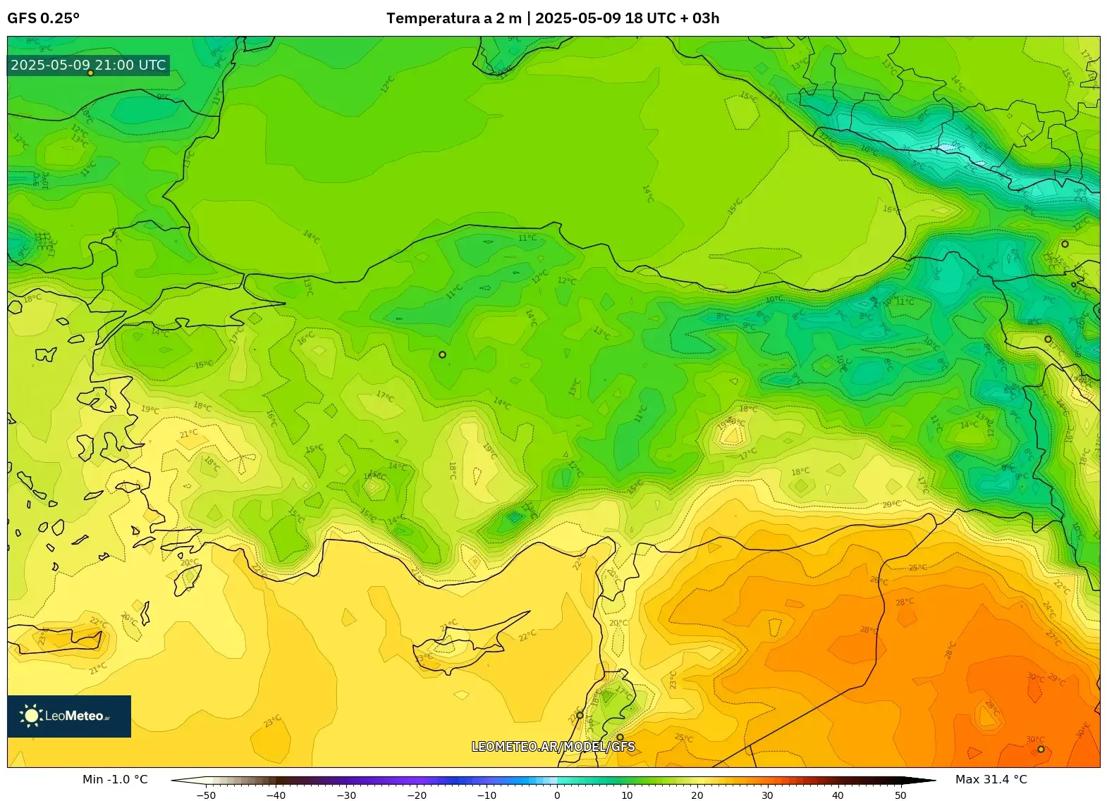GFS - Turquía, Temperatura a 2 m GFS - Turquía, Temperatura a 2 m