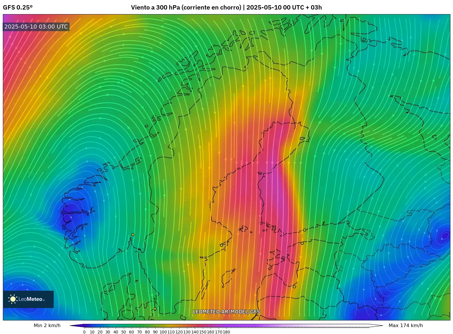 GFS - Escandinavia, Viento a 300 hPa (corriente en chorro) GFS - Escandinavia, Viento a 300 hPa (corriente en chorro)