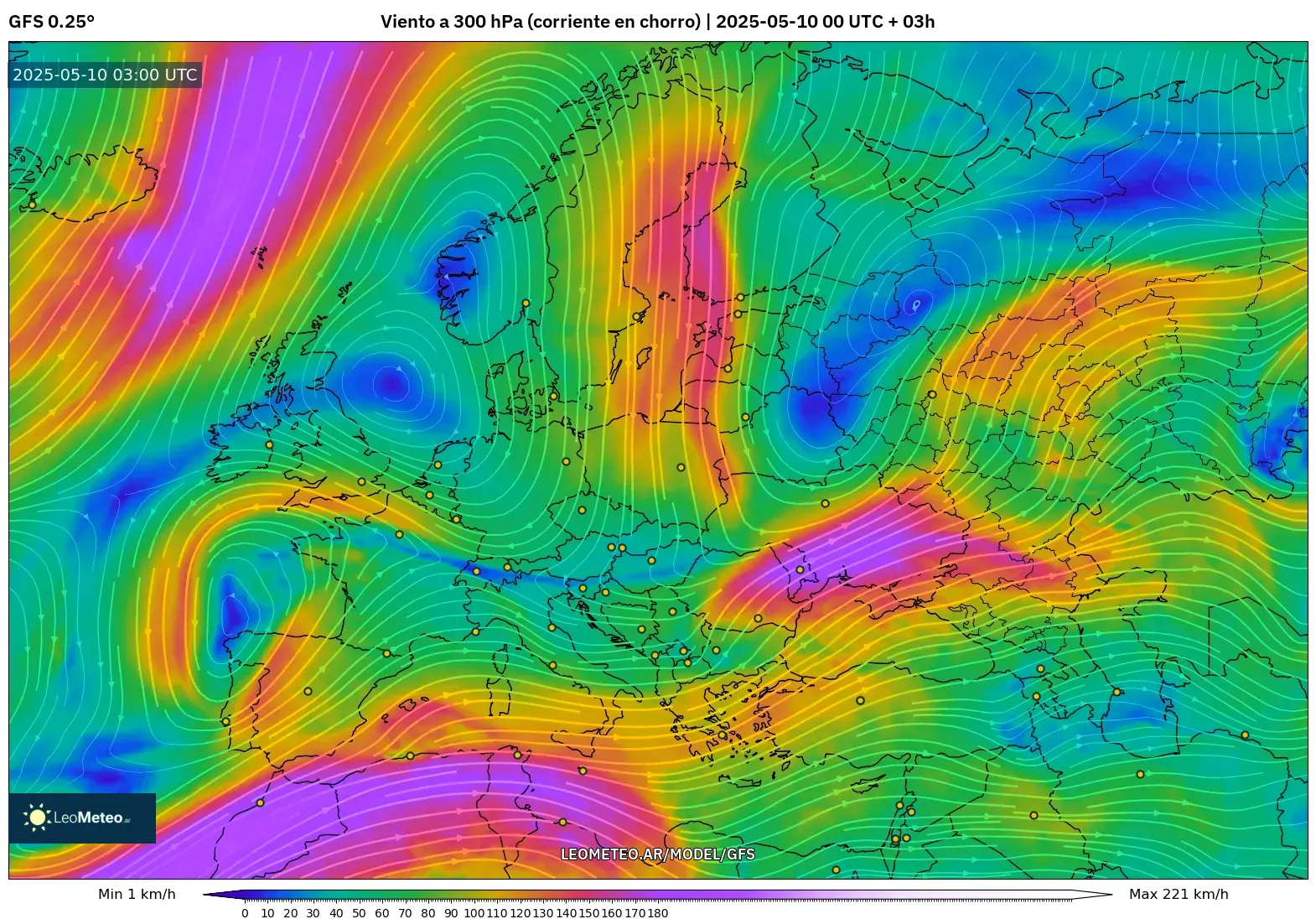GFS - Europa, Viento a 300 hPa (corriente en chorro)