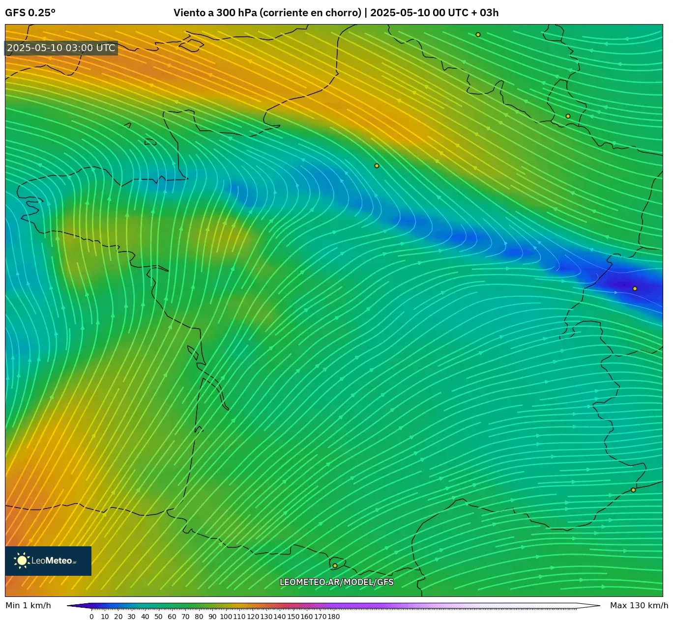 GFS - Francia, Viento a 300 hPa (corriente en chorro) GFS - Francia, Viento a 300 hPa (corriente en chorro)