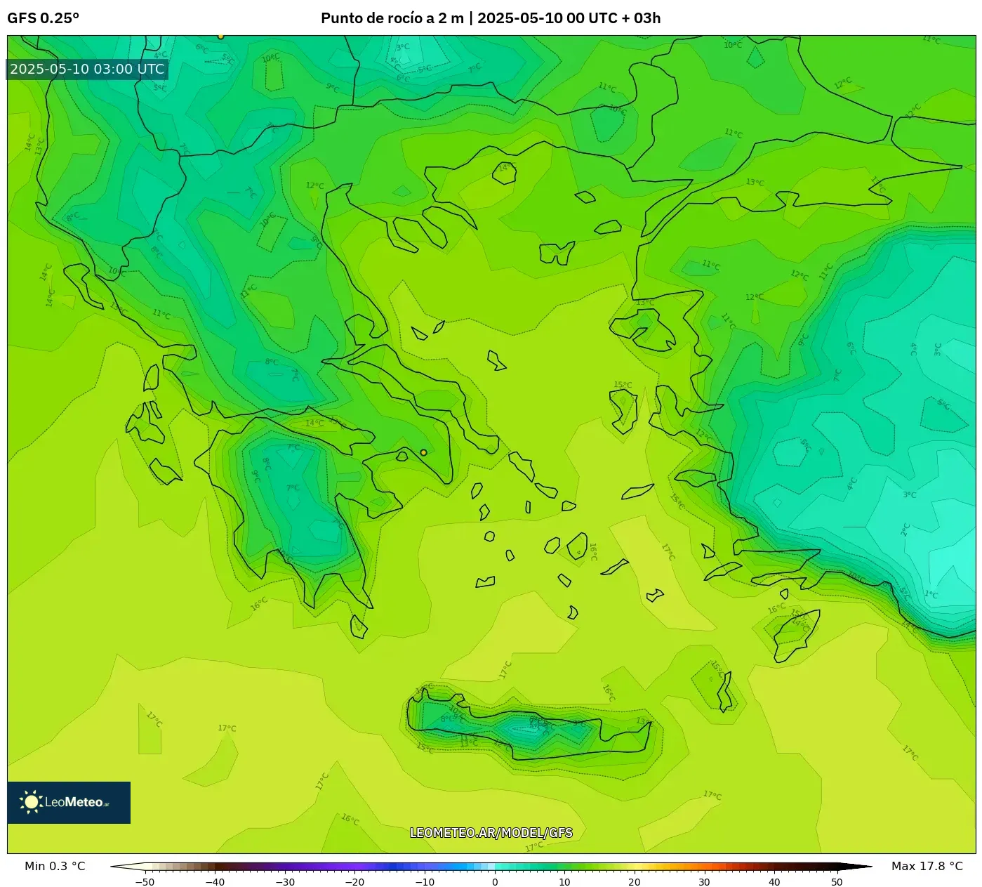 GFS - Grecia, Punto de rocío a 2 m GFS - Grecia, Punto de rocío a 2 m