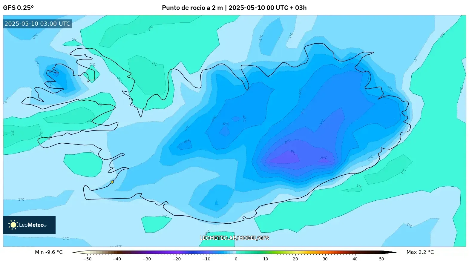 GFS - Islandia, Punto de rocío a 2 m GFS - Islandia, Punto de rocío a 2 m