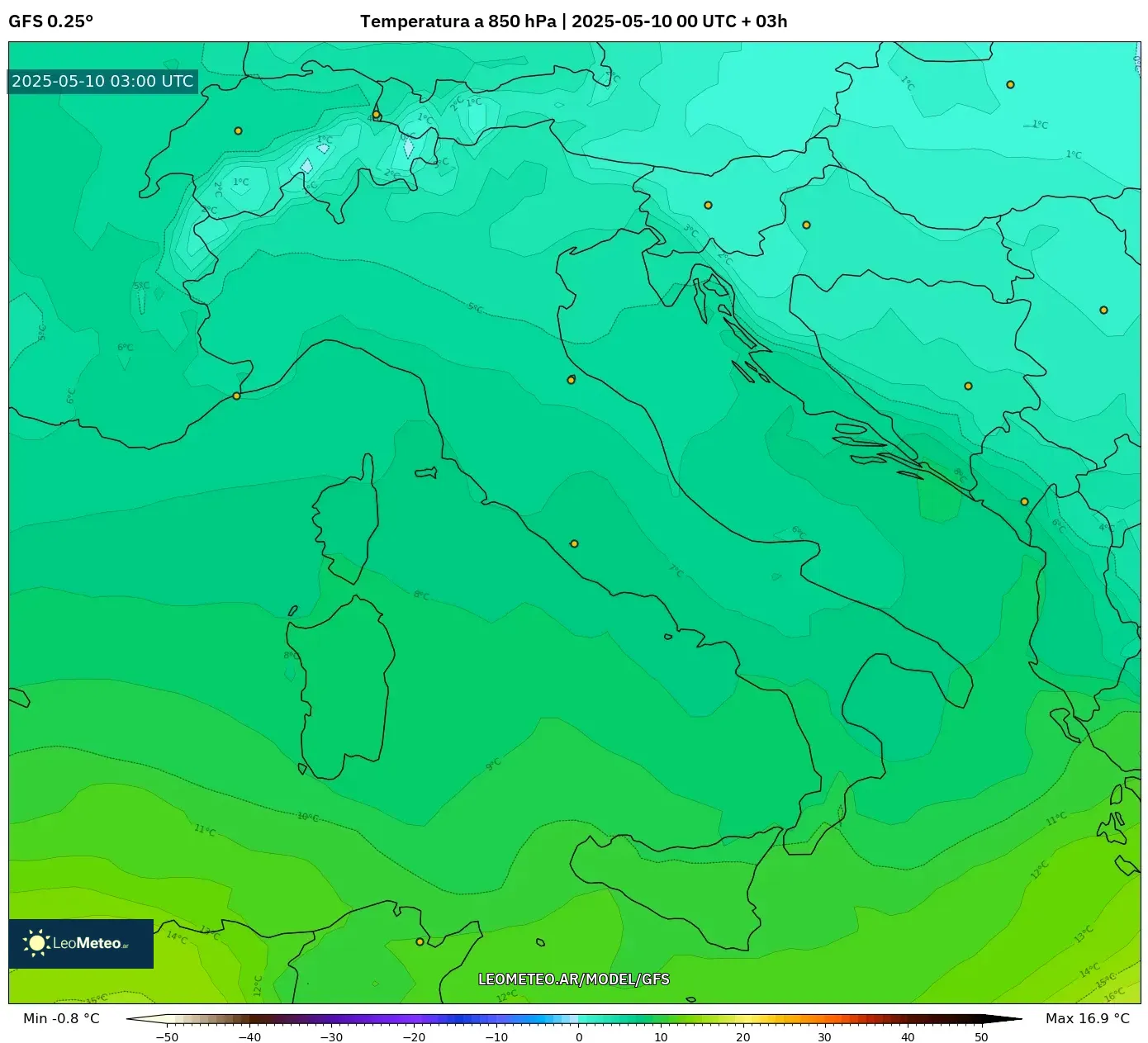 GFS - Italia, Temperatura a 850 hPa GFS - Italia, Temperatura a 850 hPa