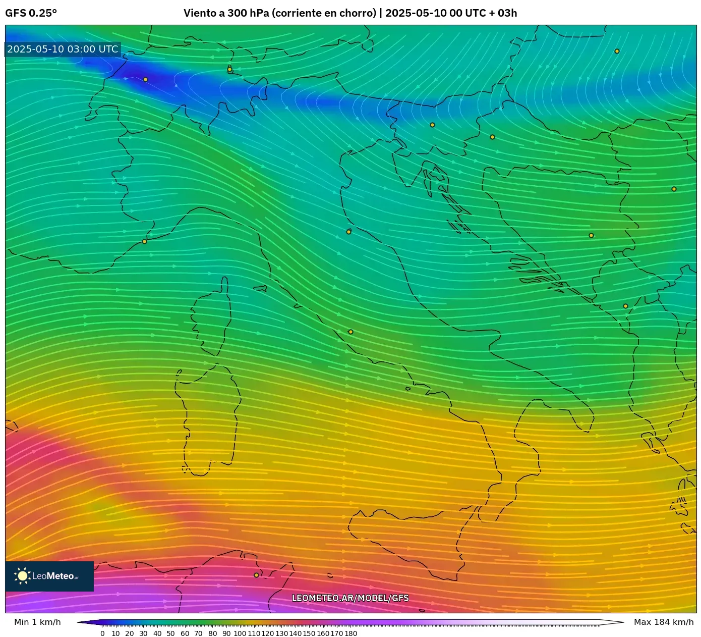 GFS - Italia, Viento a 300 hPa (corriente en chorro) GFS - Italia, Viento a 300 hPa (corriente en chorro)