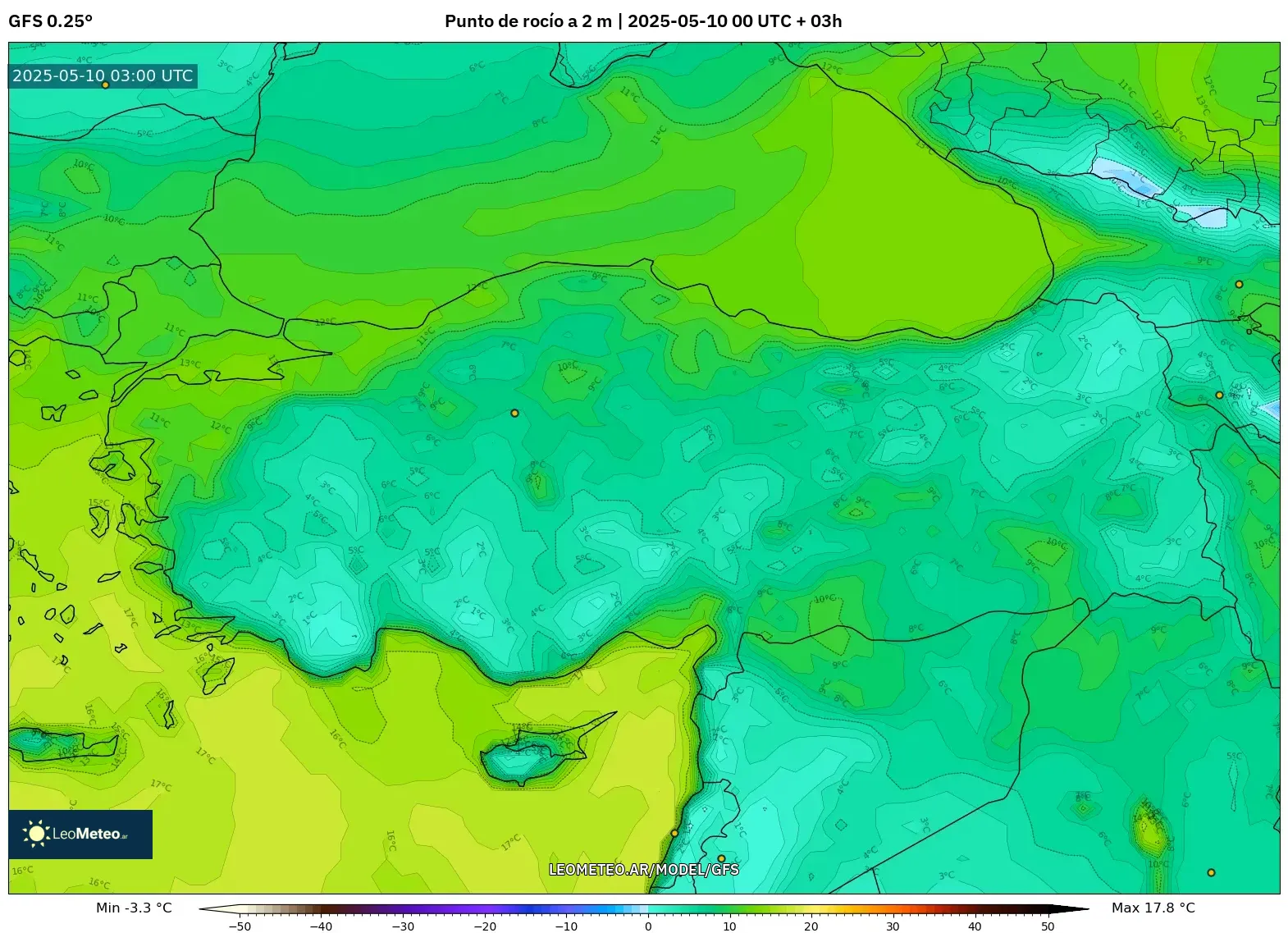 GFS - Turquía, Punto de rocío a 2 m GFS - Turquía, Punto de rocío a 2 m