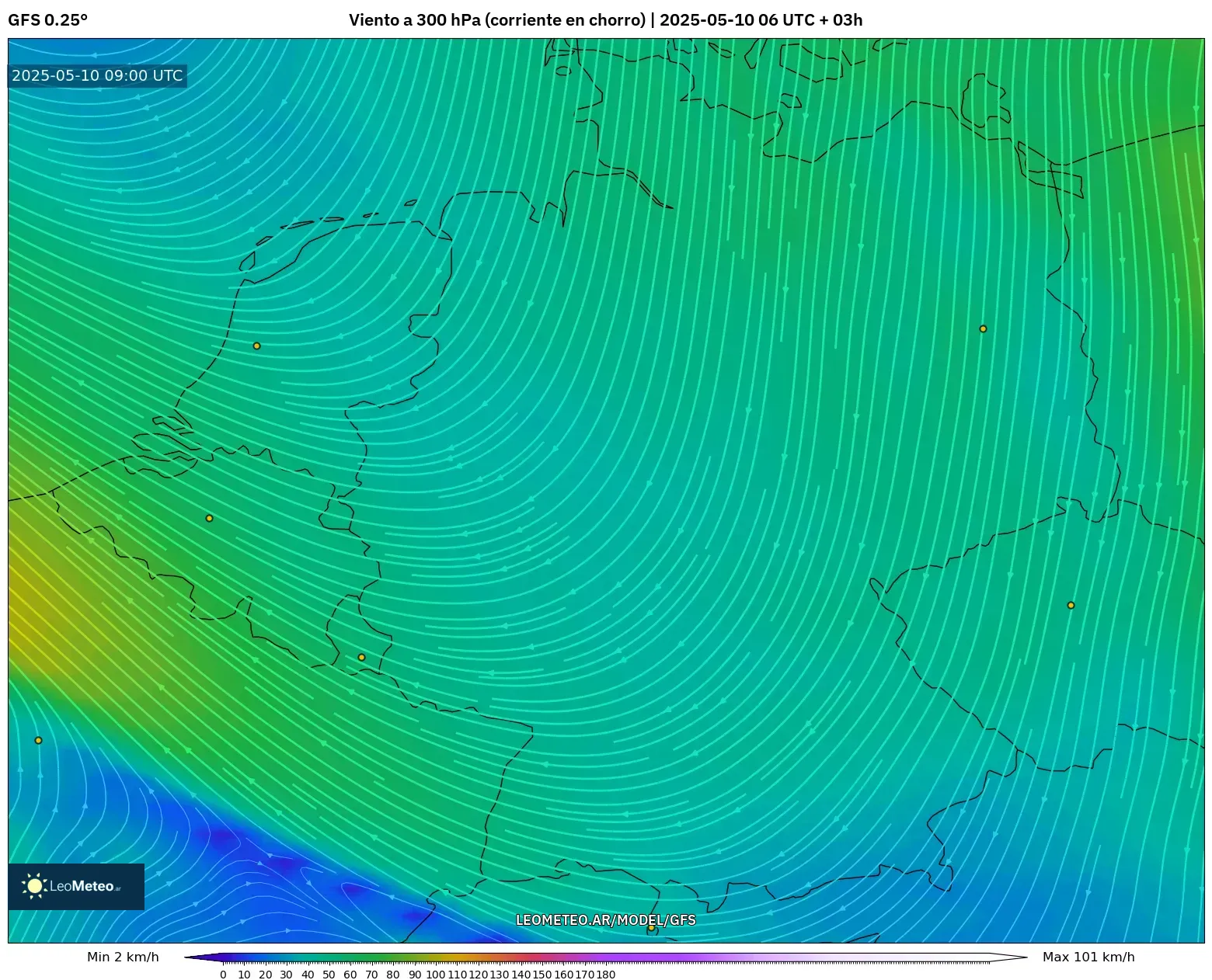 GFS - Alemania, Viento a 300 hPa (corriente en chorro) GFS - Alemania, Viento a 300 hPa (corriente en chorro)