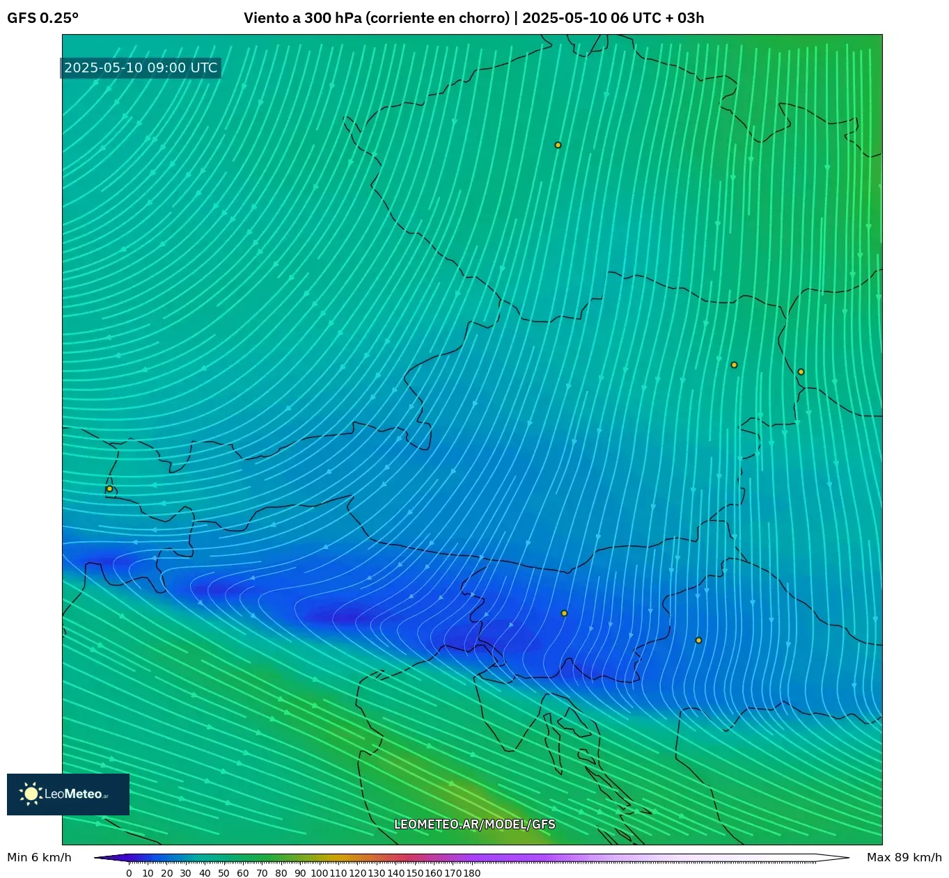 GFS - Austria, Viento a 300 hPa (corriente en chorro) GFS - Austria, Viento a 300 hPa (corriente en chorro)