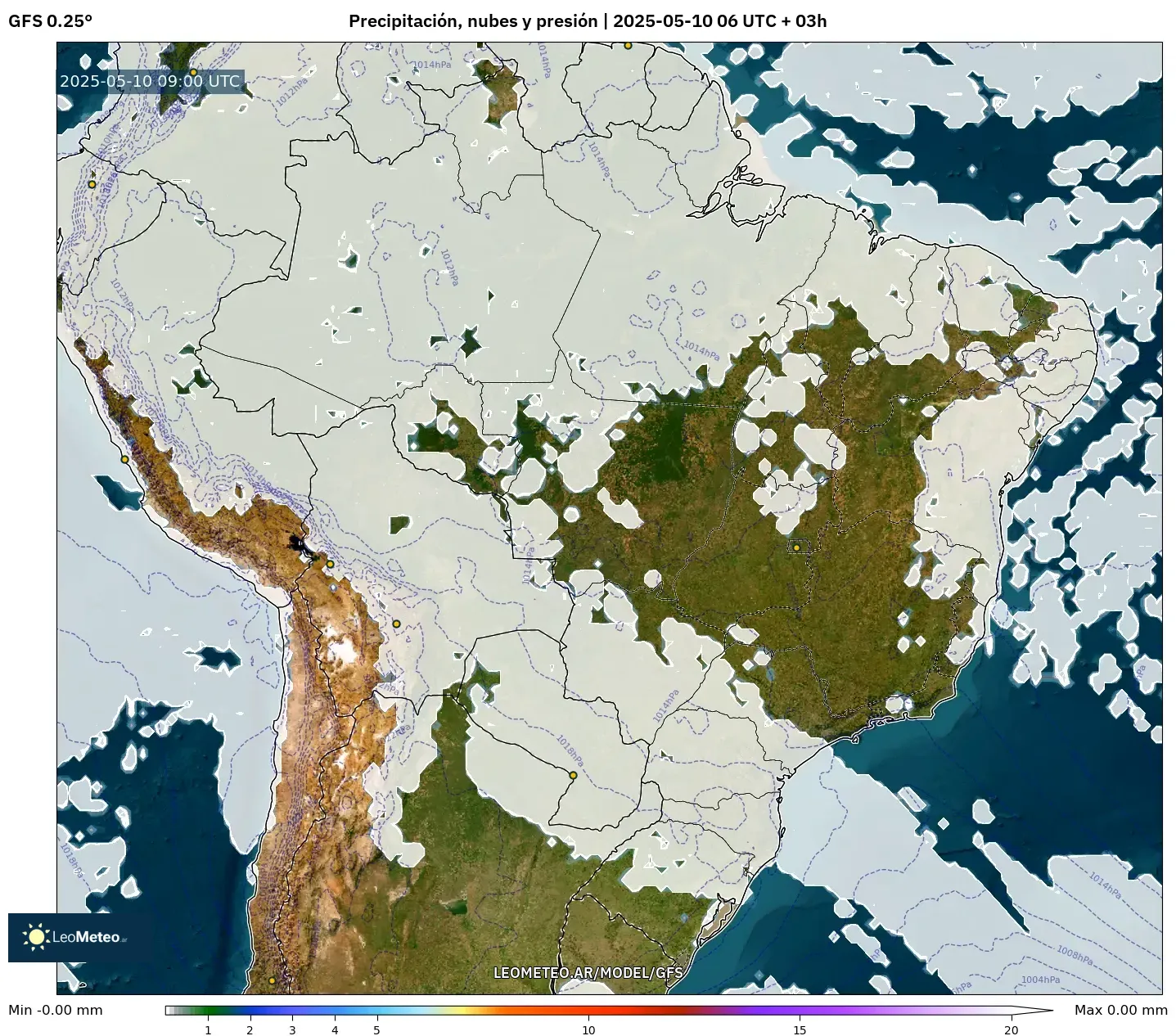 GFS - Brasil, Precipitación, nubes y presión GFS - Brasil, Precipitación, nubes y presión