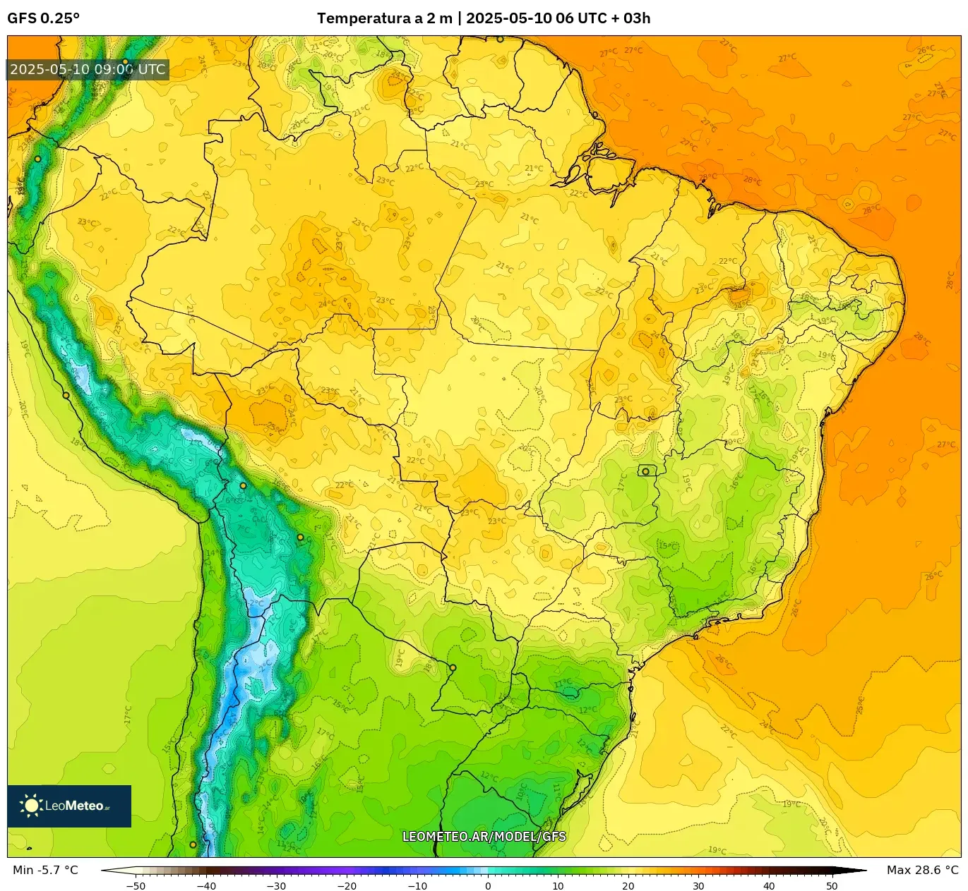GFS - Brasil, Temperatura a 2 m GFS - Brasil, Temperatura a 2 m